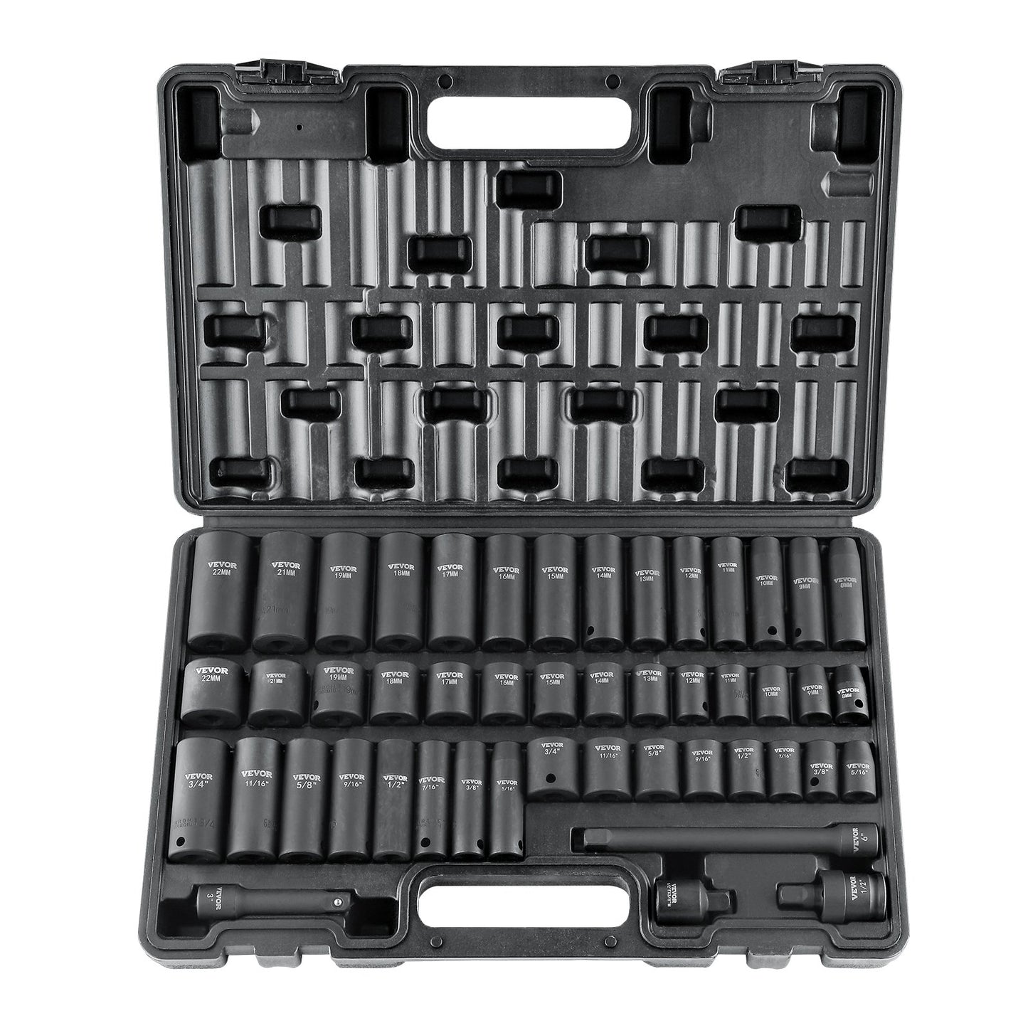 3/8" Drive Impact Socket Set, 48 delars Socket Set SAE (5/16" -3/4") & Metrisk (8-22mm)6 Points Cr-V Drive Extension Bar Universal Joint & Power Drill Adapter Inkluderar förvaringsväska