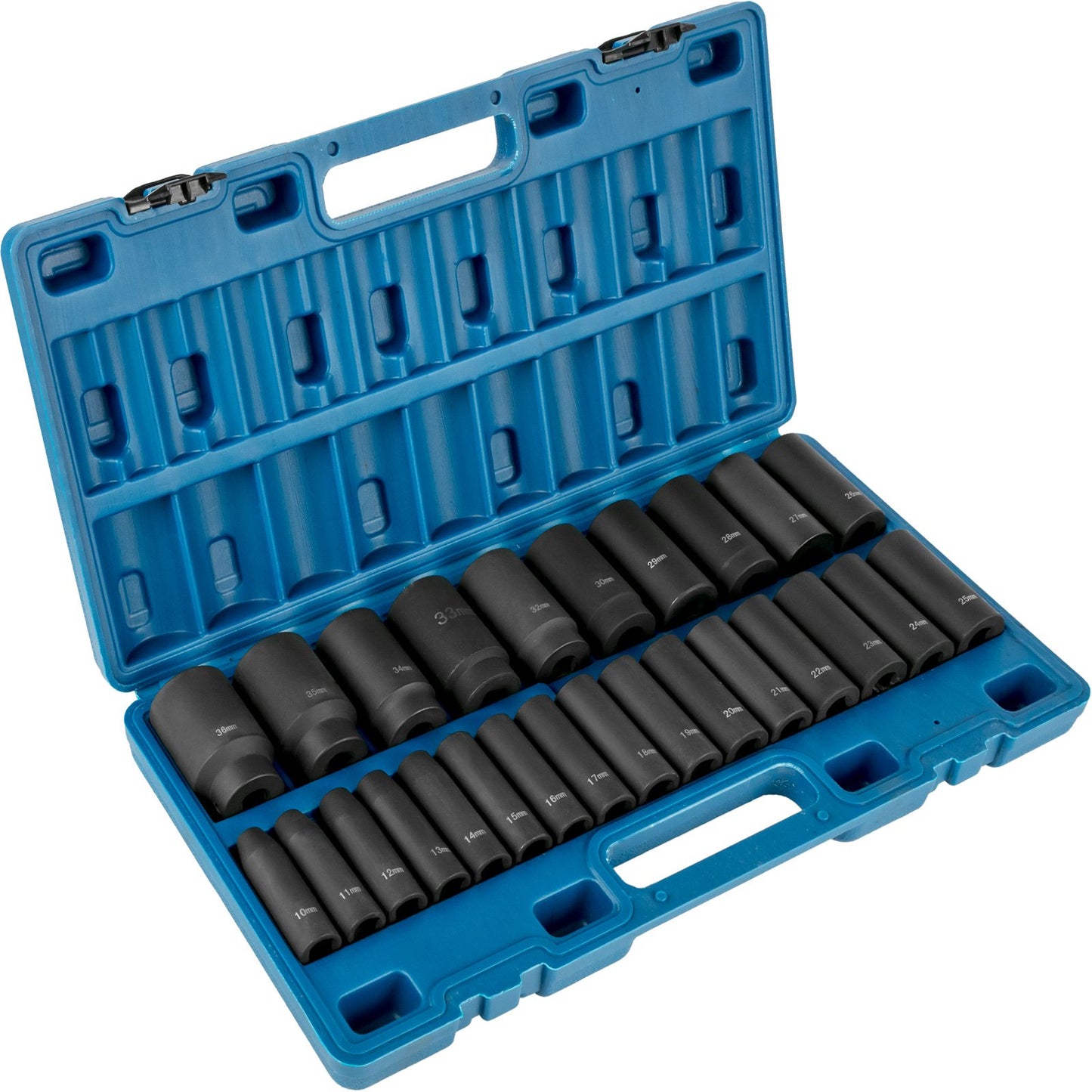 Schlag-Steckschlüsselsatz, 1/2", 26-teilig, Schlag-Stecknüsse, tiefe Stecknüsse, 6-Kant-Stecknüsse, 1/2 Zoll-Antrieb, Steckschlüsselsatz, metrisch, 10 mm – 36 mm, Cr-V, robuste Konstruktion, mit Aufbewahrungskäfig