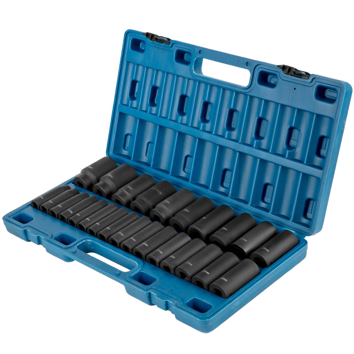 Schlag-Steckschlüsselsatz, 1/2", 26-teilig, Schlag-Stecknüsse, tiefe Stecknüsse, 6-Kant-Stecknüsse, 1/2 Zoll-Antrieb, Steckschlüsselsatz, metrisch, 10 mm – 36 mm, Cr-V, robuste Konstruktion, mit Aufbewahrungskäfig