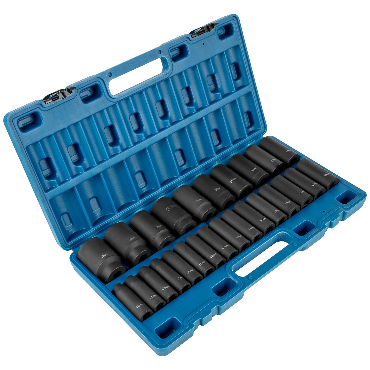 Schlag-Steckschlüsselsatz, 1/2", 26-teilig, Schlag-Stecknüsse, tiefe Stecknüsse, 6-Kant-Stecknüsse, 1/2 Zoll-Antrieb, Steckschlüsselsatz, metrisch, 10 mm – 36 mm, Cr-V, robuste Konstruktion, mit Aufbewahrungskäfig