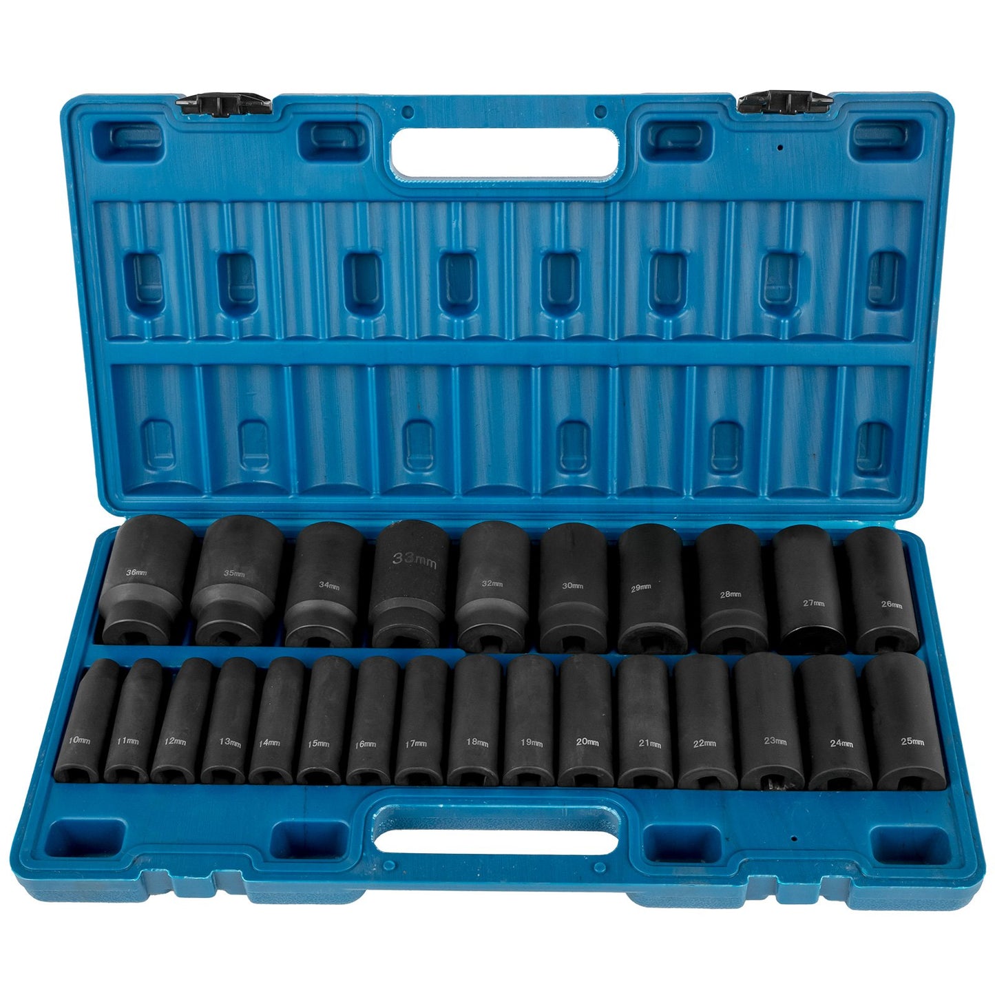 Schlag-Steckschlüsselsatz, 1/2", 26-teilig, Schlag-Stecknüsse, tiefe Stecknüsse, 6-Kant-Stecknüsse, 1/2 Zoll-Antrieb, Steckschlüsselsatz, metrisch, 10 mm – 36 mm, Cr-V, robuste Konstruktion, mit Aufbewahrungskäfig