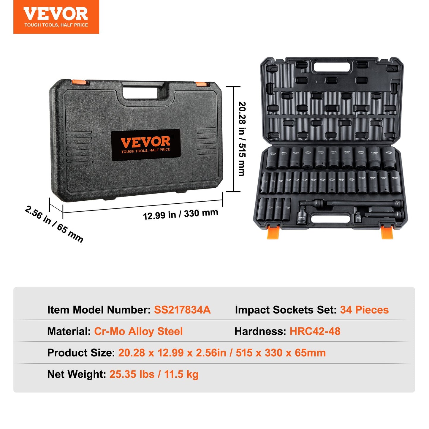 1/2" Drive Deep Impact Socket Set, 34st Socket Set Metriskt (8-36mm) 6 Point Cr-MO legerat stål för bilreparation, robust konstruktion, inkluderar kraftig förvaringsväska