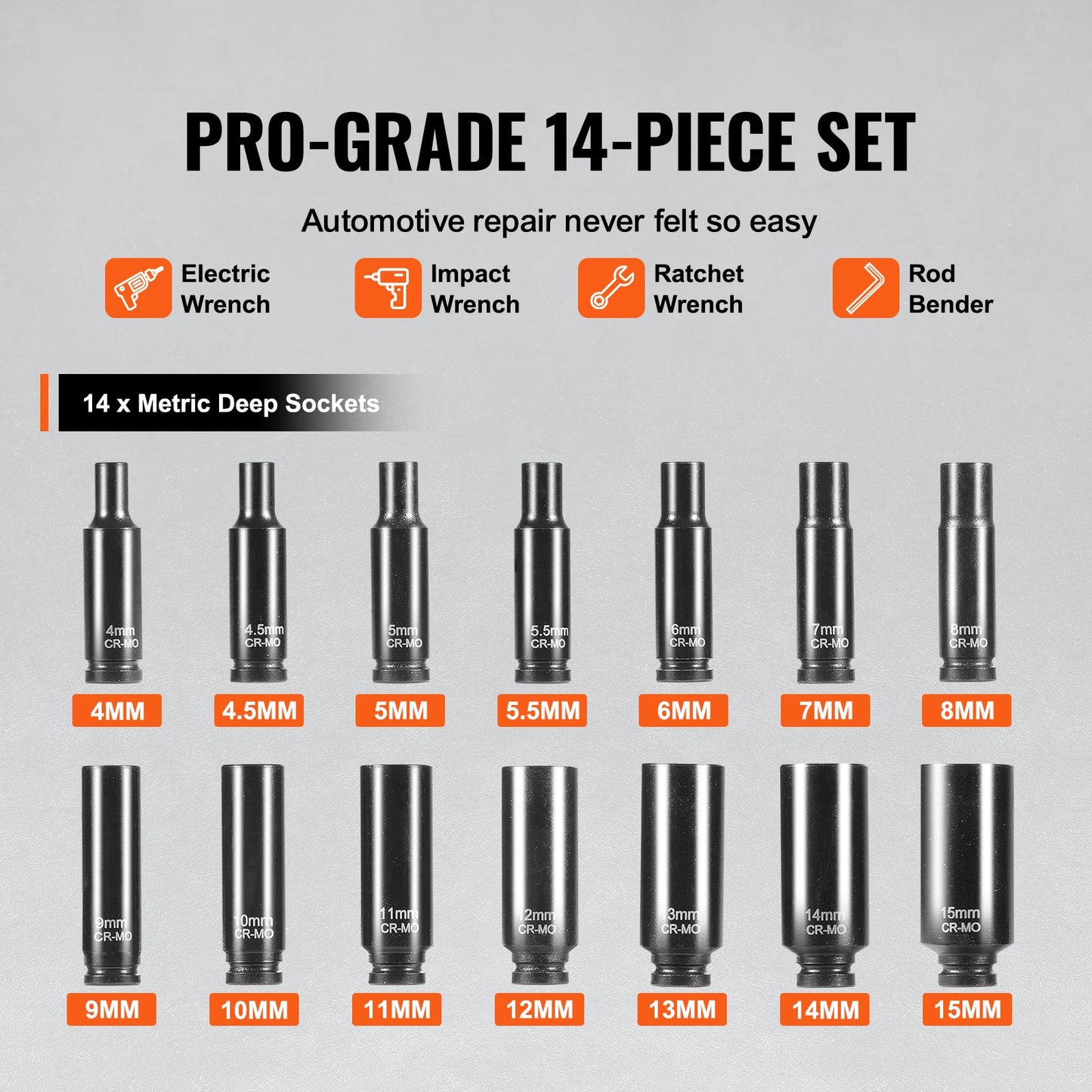 Impact Sockets Set 14PCS 6-Points 1/4" Deep Socket Set Metrisk 4-15mm Cr-Mo