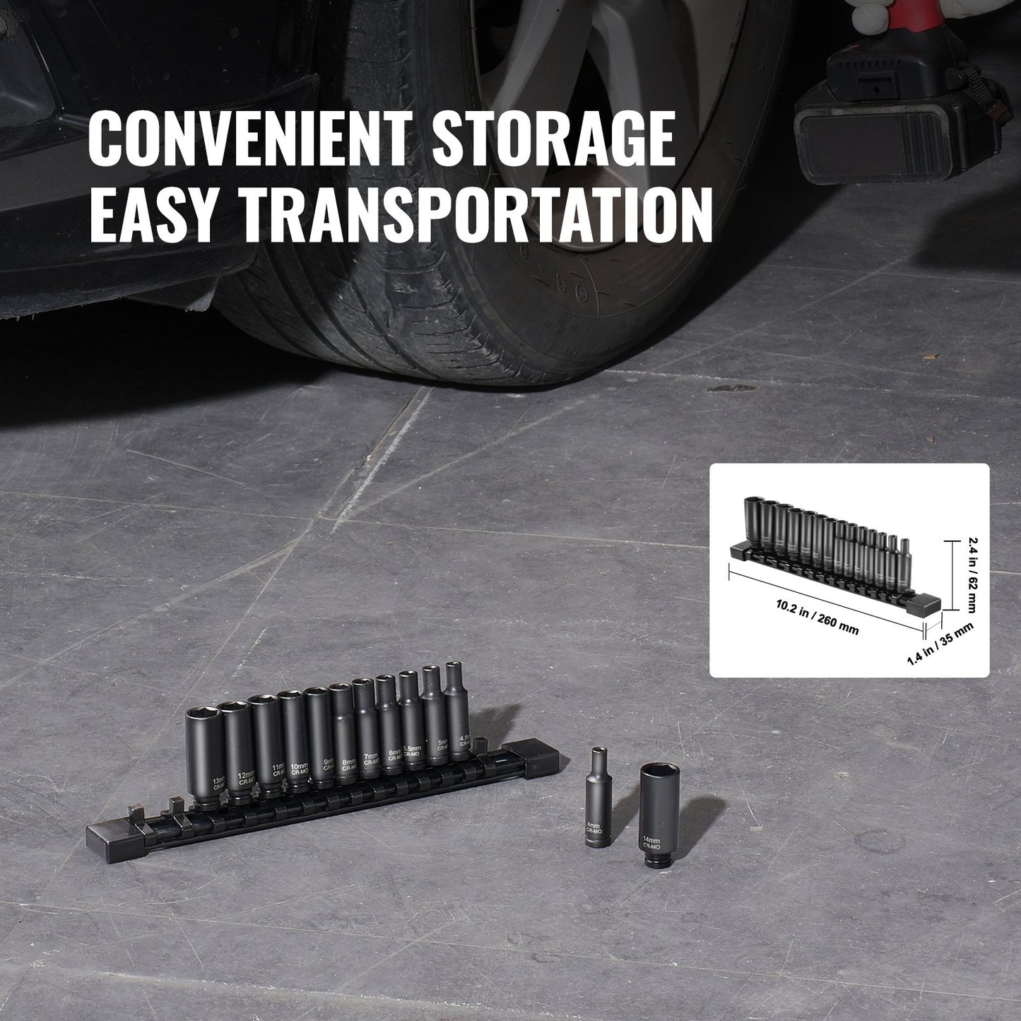 Impact Sockets Set 14PCS 6-Points 1/4" Deep Socket Set Metrisk 4-15mm Cr-Mo
