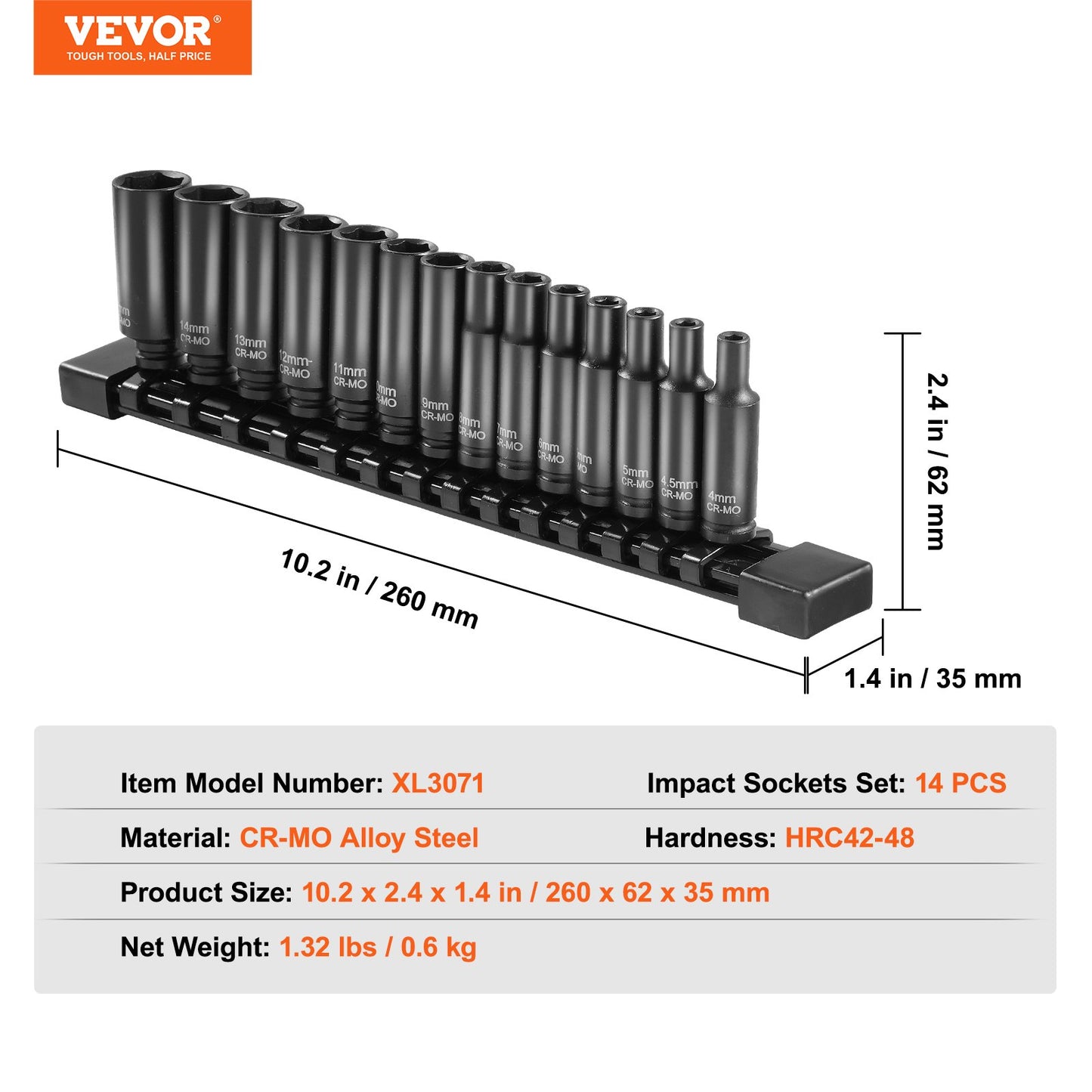Impact Sockets Set 14PCS 6-Points 1/4" Deep Socket Set Metrisk 4-15mm Cr-Mo