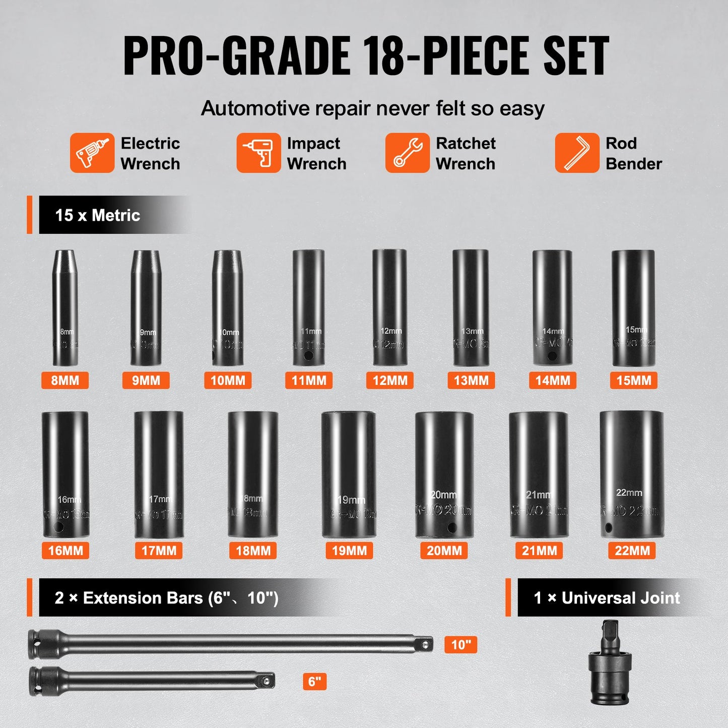 Impact Sockets Set 18st 6-Points 3/8" Drive Bit Ratchet Tool Kit Case