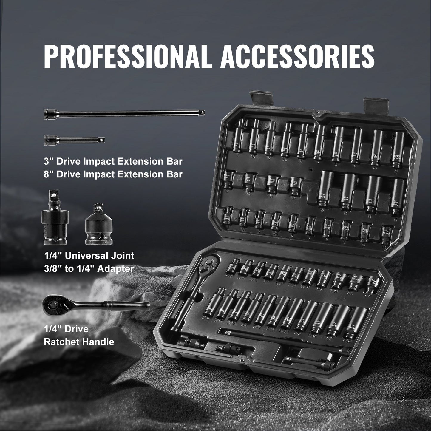 Impact Sockets Set 55 st 6-Points 1/4" Drive Bit Ratchet Tool Kit Case