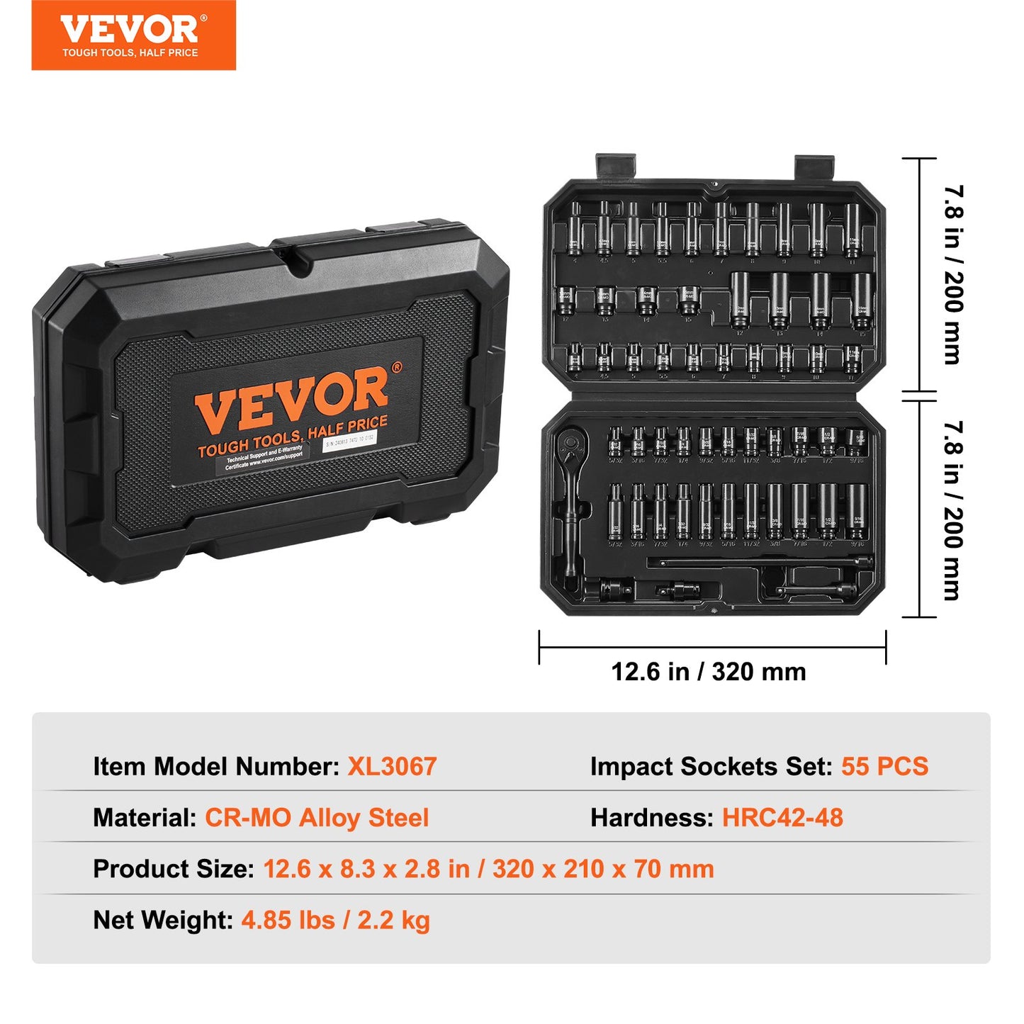 Impact Sockets Set 55 st 6-Points 1/4" Drive Bit Ratchet Tool Kit Case
