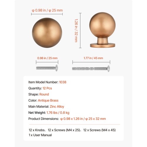 Skåpknoppar, 12-pack, 25 mm lådhandtag i zinklegering, runda kökshandtag, massiva knoppar, skåpbeslag med skruvar för badrumsskåp, lådor, antikmässing | EU