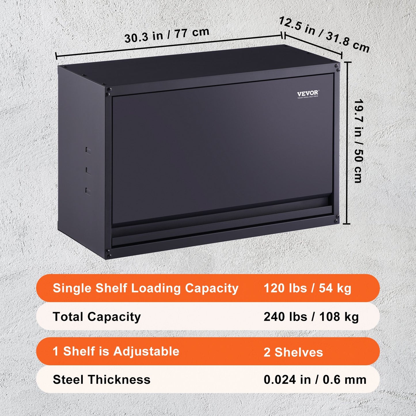 Lagerschrank aus Metall, 54,4 kg Tragkraft pro Regal, 50,8 cm hoher, wandmontierter Garagenschrank aus pulverbeschichtetem Stahl mit verstellbarem Regal, Tür zum Verriegeln und Öffnen durch Drücken, perfekt für die Bürogarage