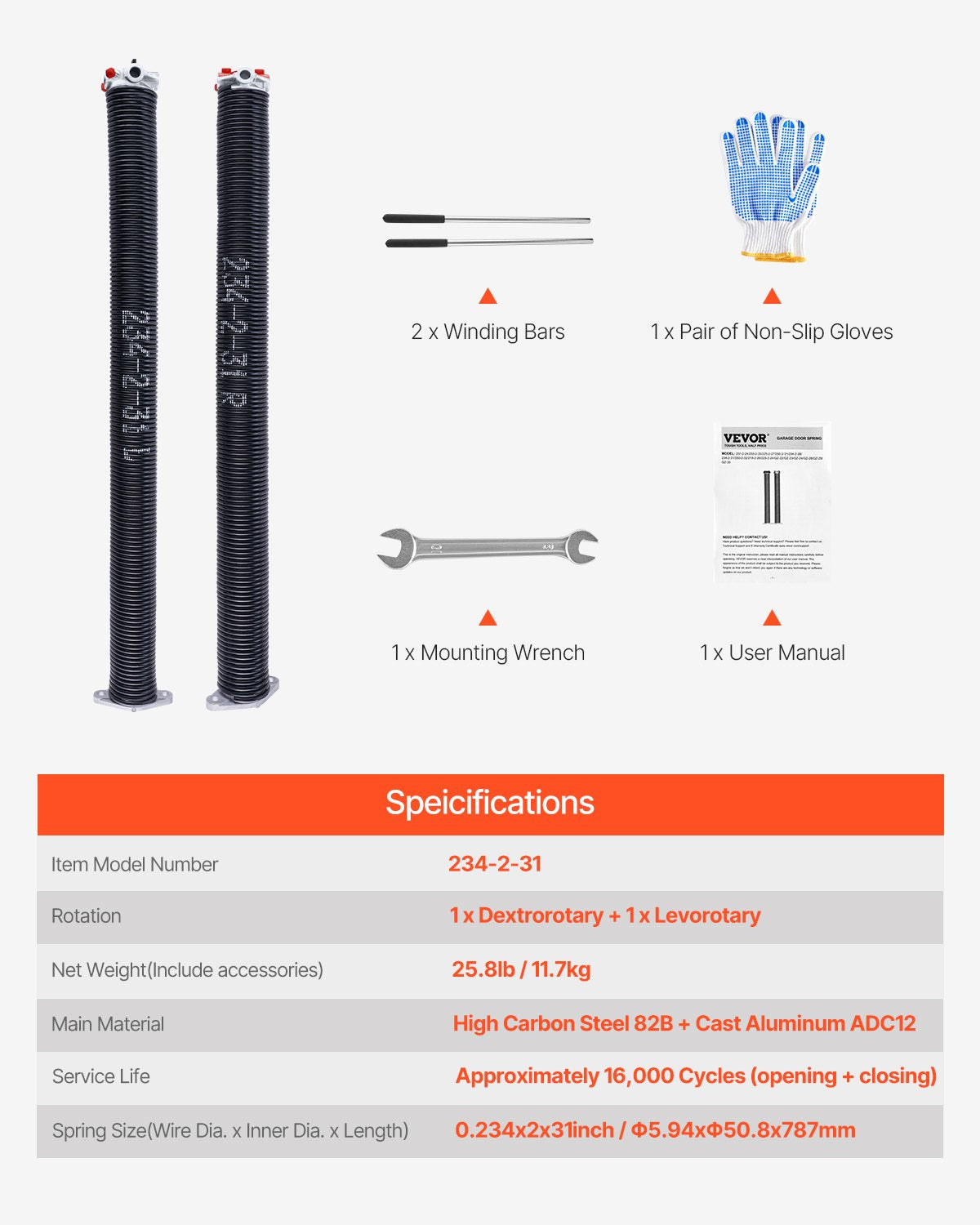 Garage door torsion springs pair 0.234 x 2 x 31 inch with winding rods