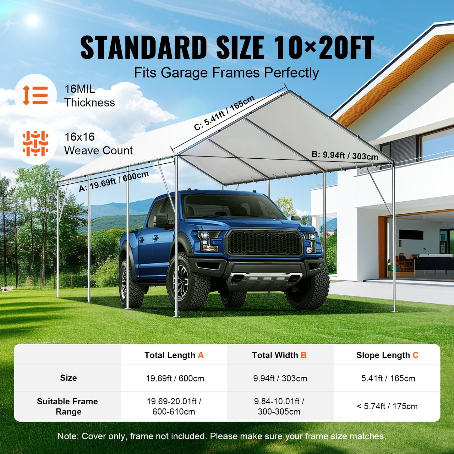10 x 20 ft Carport Ersättningsskydd, Garage Top Tält Skydd Tarp Kraftig vattentät & UV-skyddad, Enkel installation med 40 Ball Bungeess (endast Top Cover, Ram ingår ej), Vit