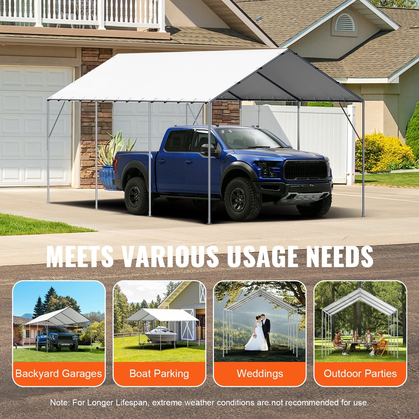 10 x 20 ft Carport Ersättningsskydd, Garage Top Tält Skydd Tarp Kraftig vattentät & UV-skyddad, Enkel installation med 40 Ball Bungeess (endast Top Cover, Ram ingår ej), Vit