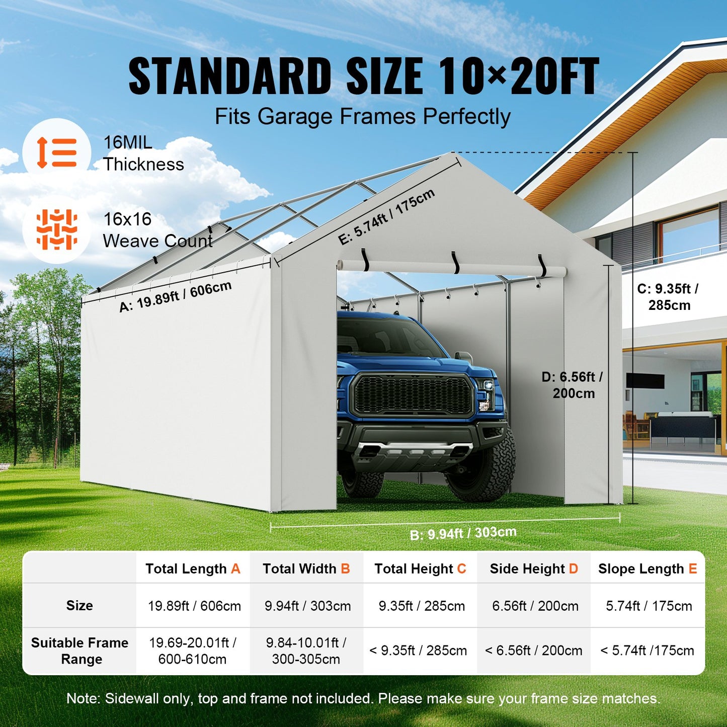 Carport Byte av kapell sidovägg 10 x 20 fot, garagetält skydd presenning Kraftig vattentät & UV-skyddad, enkel installation med bollbyxor, vit (topp och ram ingår ej)