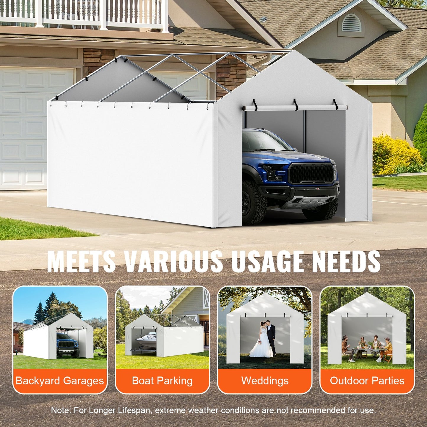 Carport Byte av kapell sidovägg 10 x 20 fot, garagetält skydd presenning Kraftig vattentät & UV-skyddad, enkel installation med bollbyxor, vit (topp och ram ingår ej)