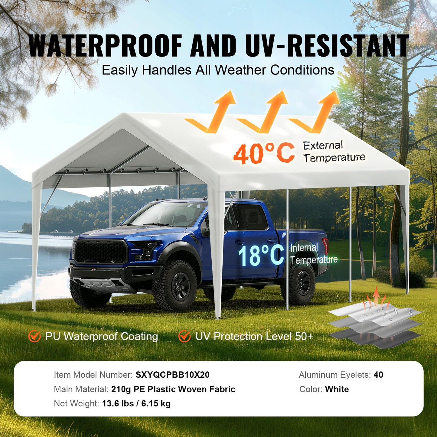 Carport-Ersatzüberdachung 6100 x 3040 mm, Garagendachzelt-Schutzplane, strapazierfähig, wasserdicht und UV-geschützt, einfache Installation mit Kugelspannern, weiß (nur obere Abdeckung, Rahmen nicht im Lieferumfang enthalten)