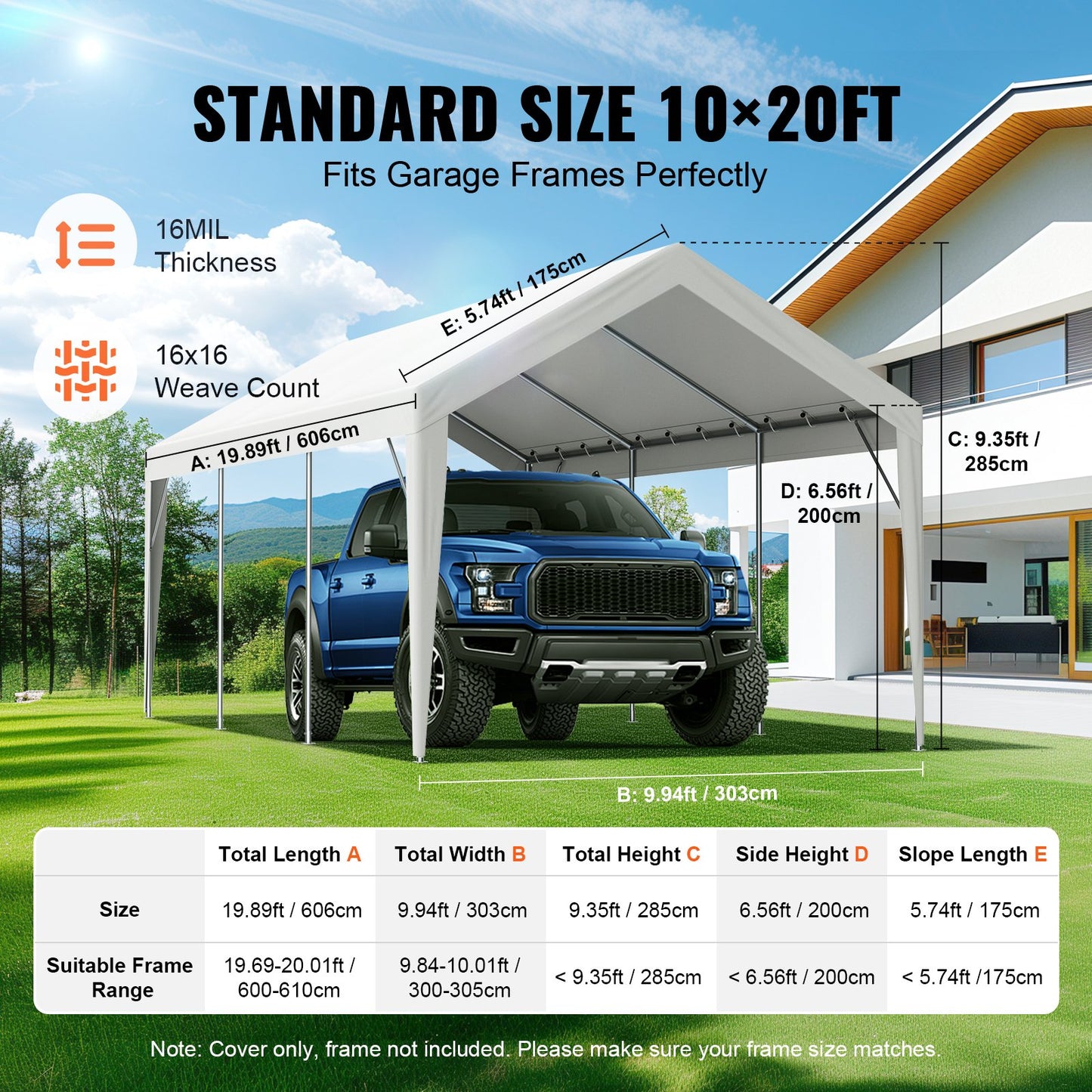 Carport-Ersatzüberdachung 6100 x 3040 mm, Garagendachzelt-Schutzplane, strapazierfähig, wasserdicht und UV-geschützt, einfache Installation mit Kugelspannern, weiß (nur obere Abdeckung, Rahmen nicht im Lieferumfang enthalten)