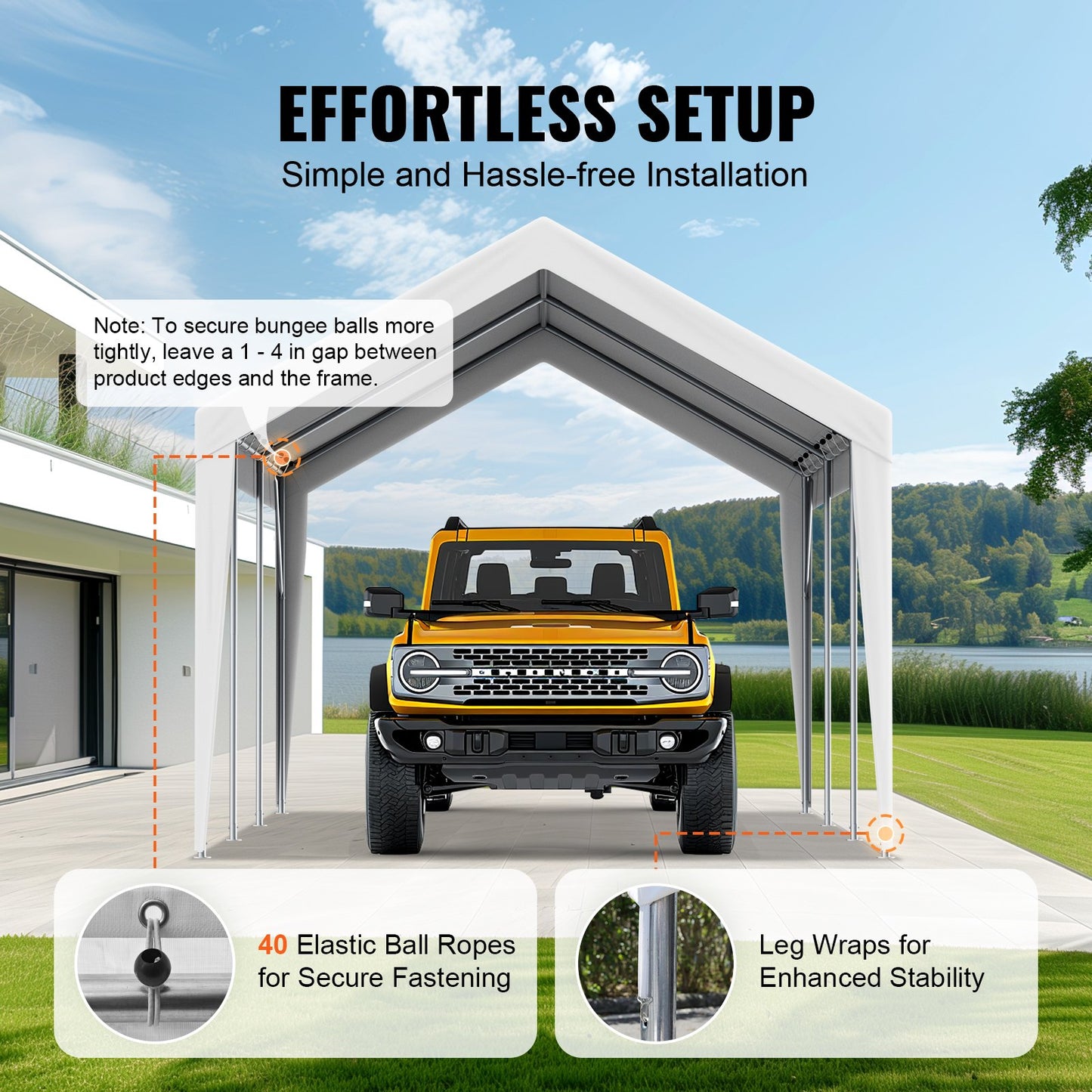 Carport-Ersatzüberdachung 6100 x 3040 mm, Garagendachzelt-Schutzplane, strapazierfähig, wasserdicht und UV-geschützt, einfache Installation mit Kugelspannern, weiß (nur obere Abdeckung, Rahmen nicht im Lieferumfang enthalten)