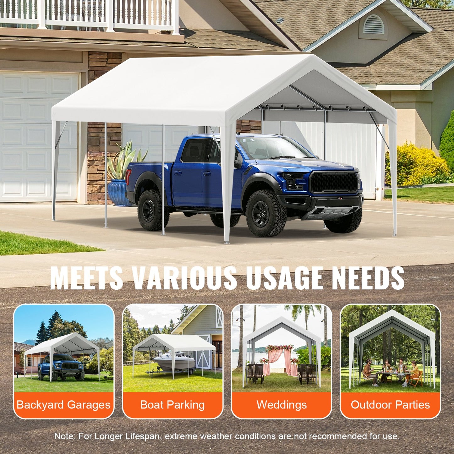 Carport-Ersatzüberdachung 6100 x 3040 mm, Garagendachzelt-Schutzplane, strapazierfähig, wasserdicht und UV-geschützt, einfache Installation mit Kugelspannern, weiß (nur obere Abdeckung, Rahmen nicht im Lieferumfang enthalten)