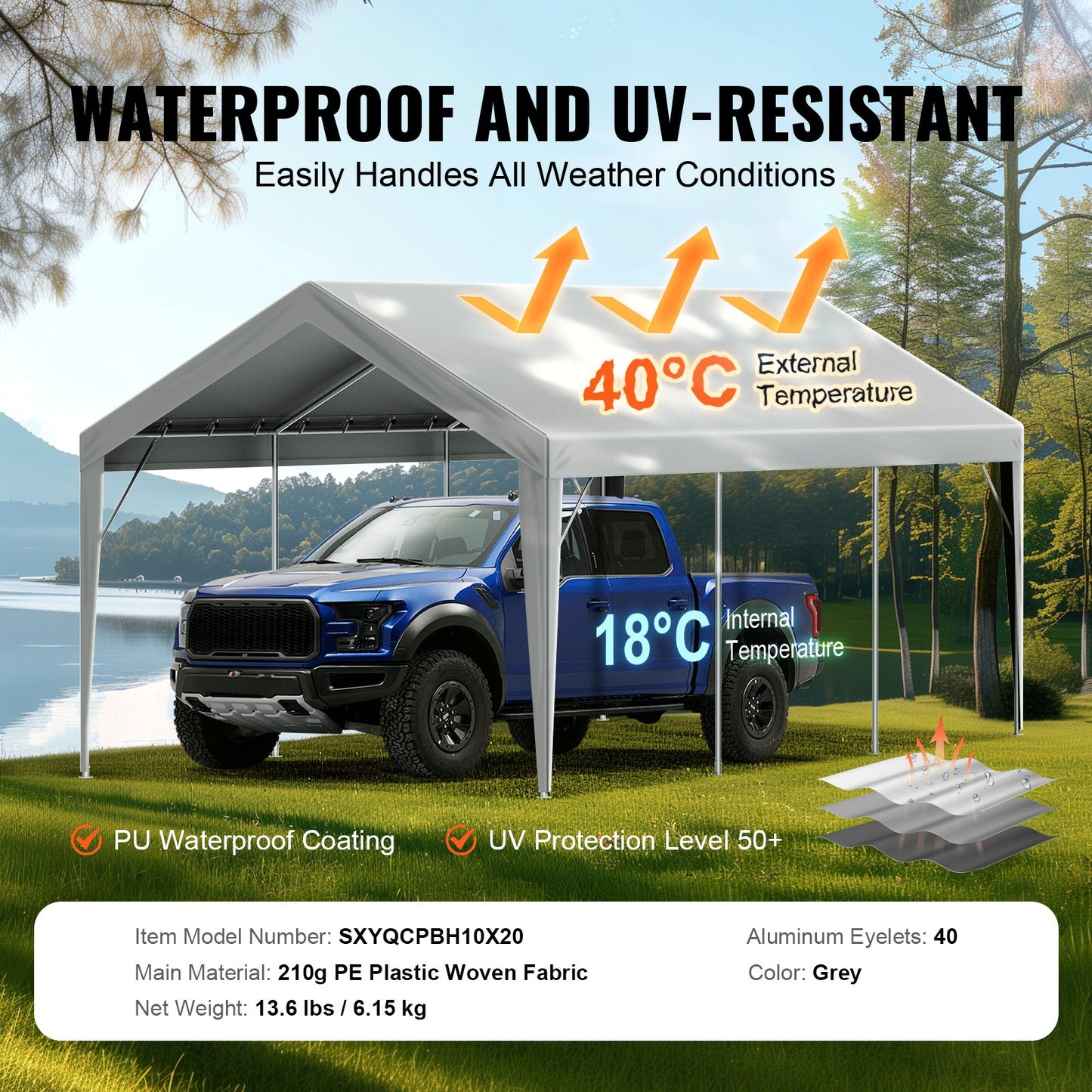 Carport Replacement Canopy Cover 6100 x 3040 mm Garage Top Tent Shelter Tarp Heavy Duty Waterproof & UV Protected, Easy Installation with Ball Pants, Grey (Top Cover Only, Frame Not Included)