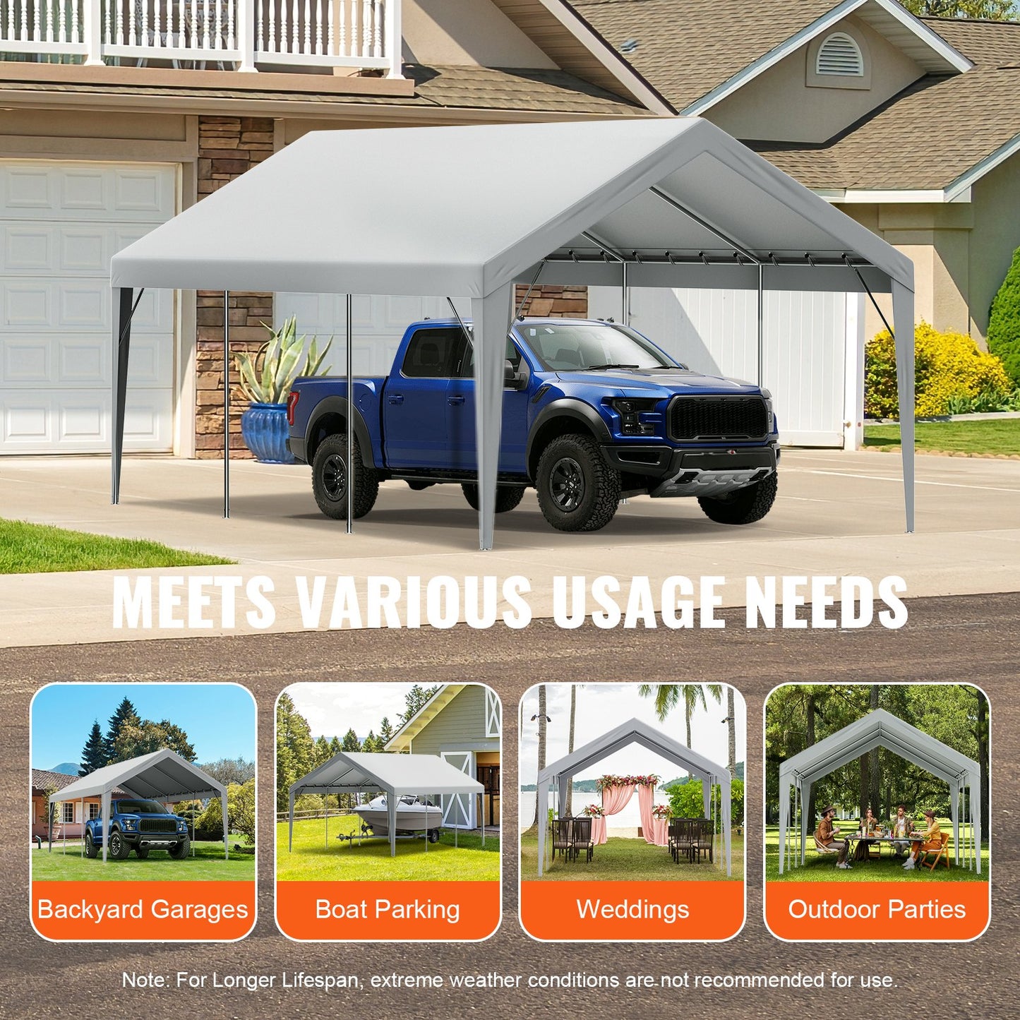 Carport Ersättningskapell överdrag 12 x 20 fot, Garage Top Tält Shelter Tarp Heavy-Duty Vattentät & UV-skyddad, Enkel installation med Ball Bungees, Grå (Endast topplock, ram ingår inte)
