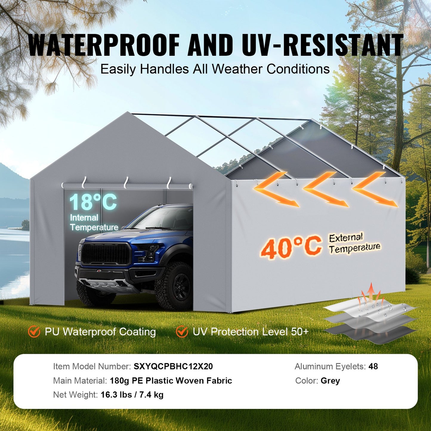 Carport Byte av kapell sidovägg 12 x 20 fot, garagetält skydd presenning Kraftig vattentät & UV-skyddad, enkel installation med bollbyxor, grå (topp och ram ingår ej)