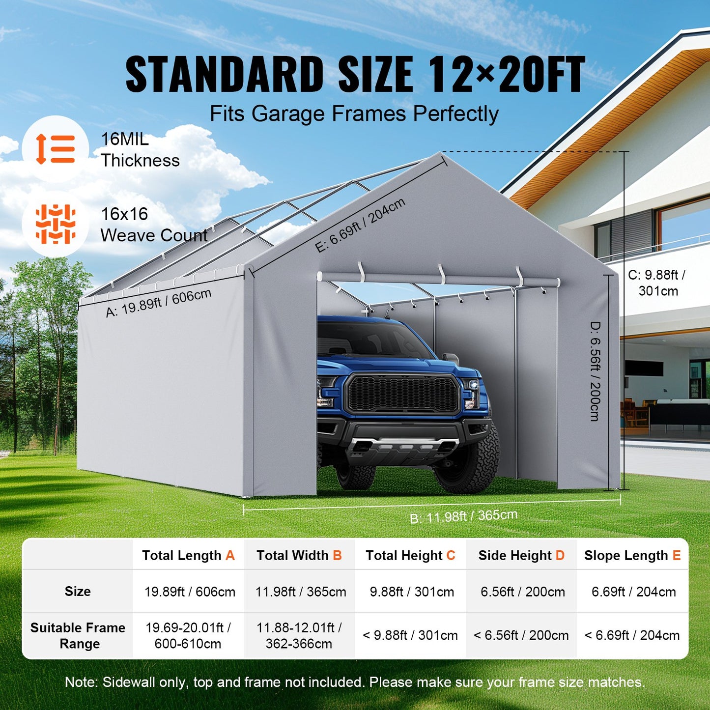 Carport Byte av kapell sidovägg 12 x 20 fot, garagetält skydd presenning Kraftig vattentät & UV-skyddad, enkel installation med bollbyxor, grå (topp och ram ingår ej)
