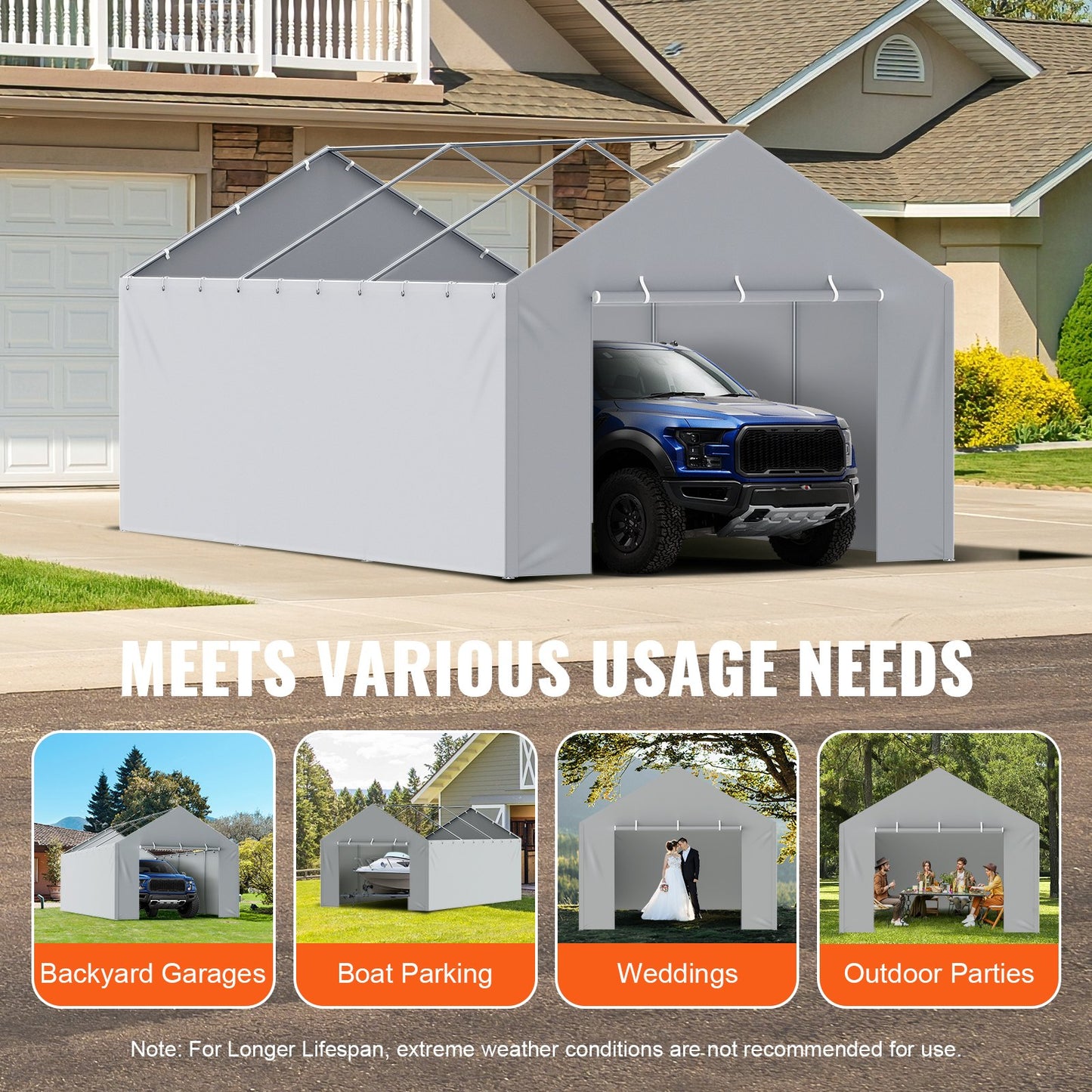 Carport Byte av kapell sidovägg 12 x 20 fot, garagetält skydd presenning Kraftig vattentät & UV-skyddad, enkel installation med bollbyxor, grå (topp och ram ingår ej)