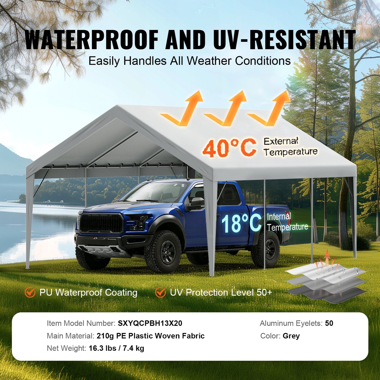 Carport-Ersatzüberdachung, 3,9 x 6,1 m, Garagendachzelt, strapazierfähig, wasserdicht und UV-geschützt, einfache Installation mit Kugelspanngurten, grau (nur obere Abdeckung, Rahmen nicht im Lieferumfang enthalten)