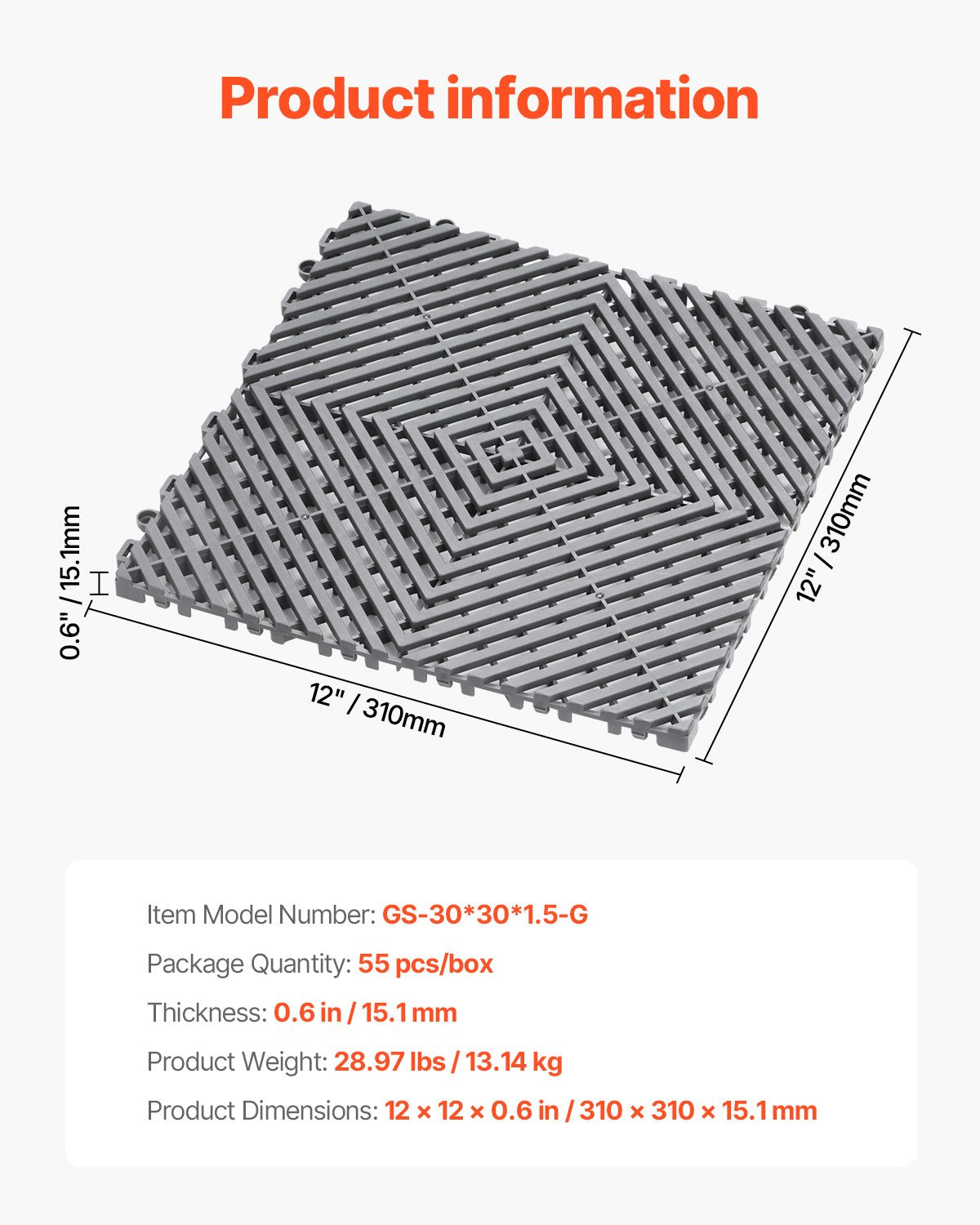 Modular Drainage Mat Interlocking Floor Tiles 12" x 12" Drainage Pad