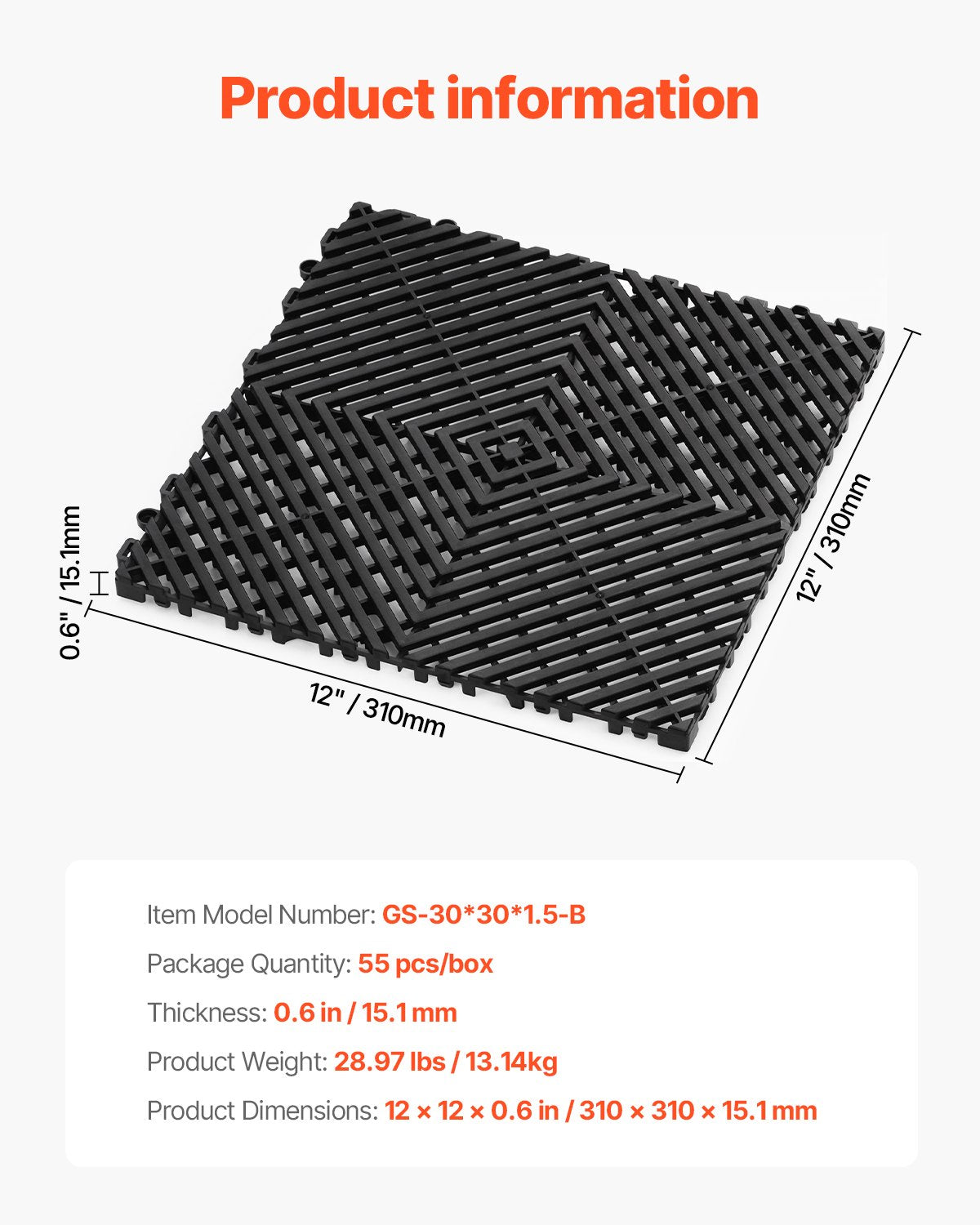 Interlocking Drainage Mat Modular Floor Tiles 12" x 12" Drainage Pad