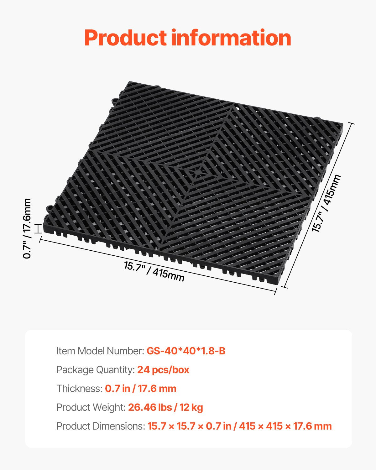 Drainage mat modular interlocking pad 15.7” x 15.7” drainage pad