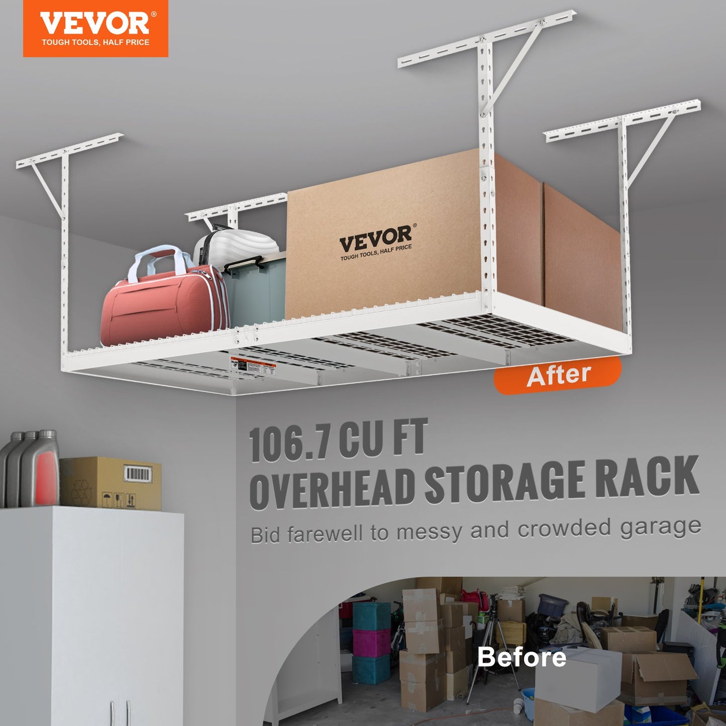 Überkopf-Garagenregal, 48 x 96 Zoll Decken-Lagerregal für die Garage, robuste, verstellbare Regale aus kaltgewalztem Stahl für die Garagenlagerung, Organisation, Tragkraft 600 lbs, 22''-40'', weiß