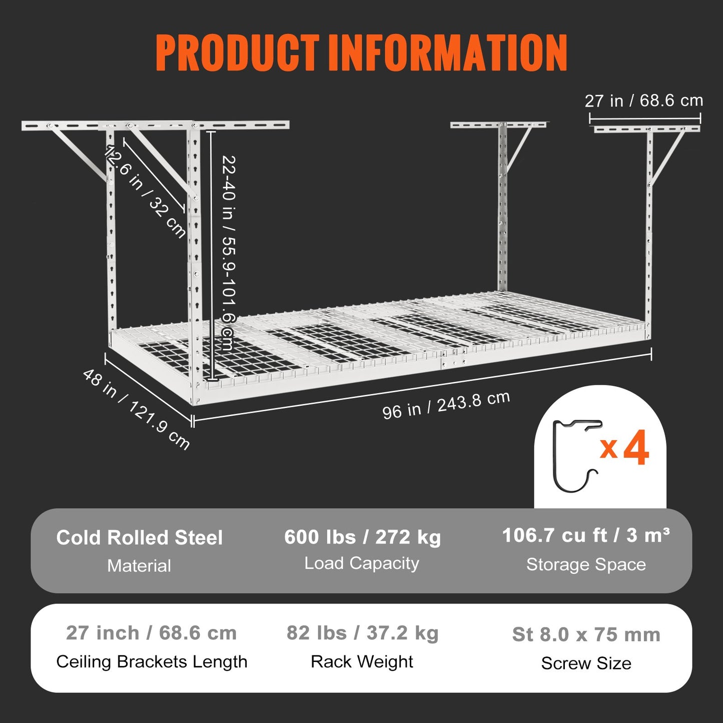 Überkopf-Garagenregal, 48 x 96 Zoll Decken-Lagerregal für die Garage, robuste, verstellbare Regale aus kaltgewalztem Stahl für die Garagenlagerung, Organisation, Tragkraft 600 lbs, 22''-40'', weiß