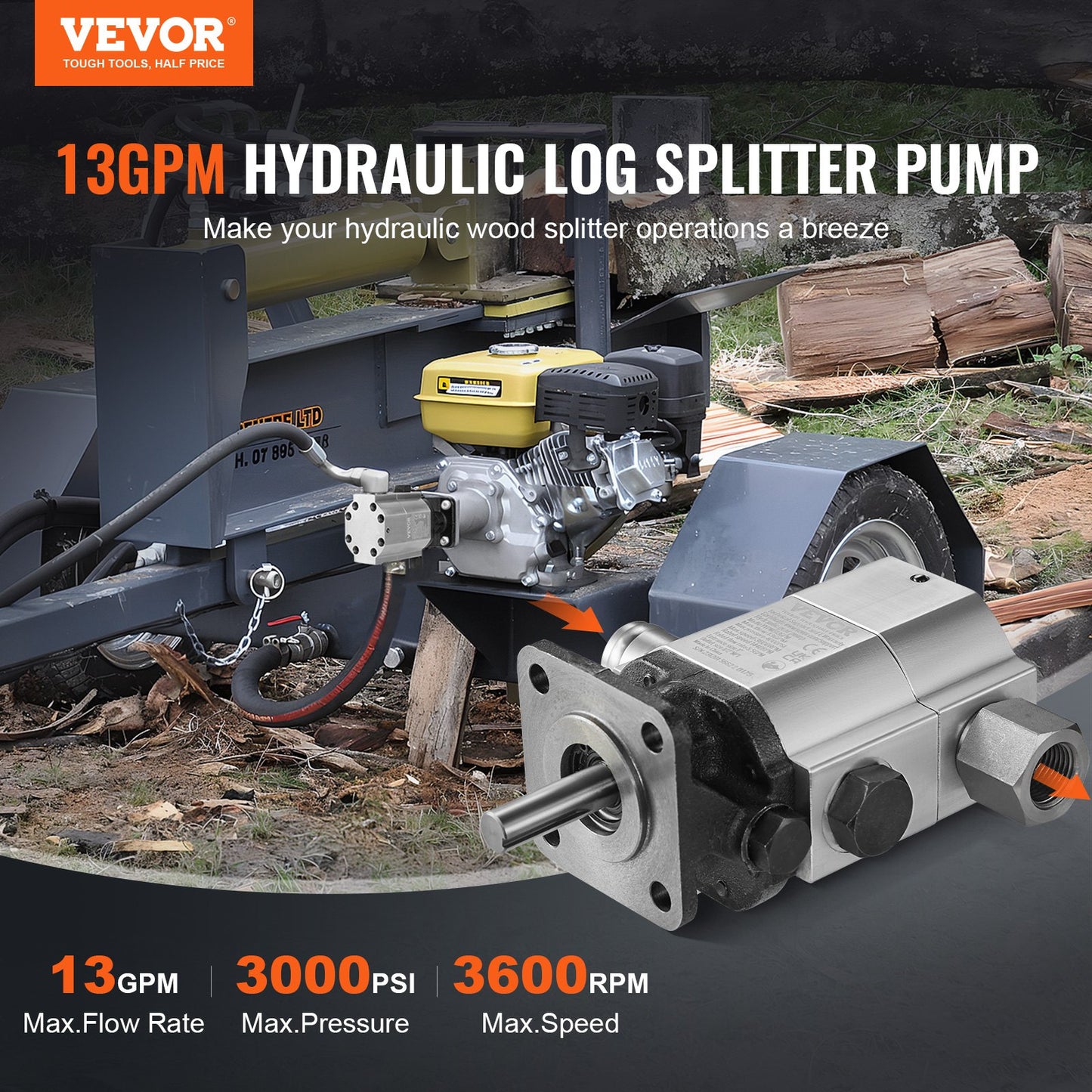 Hydraulisk vedklyvningspump, 13GPM, 2-stegs 3000PSI vedklyvpump, 1'' Inlopp 1/2'' NPT-utlopp 3600 RPM Hydraulisk växelpump i aluminium, för små motormontering vedklyvare Snöplog