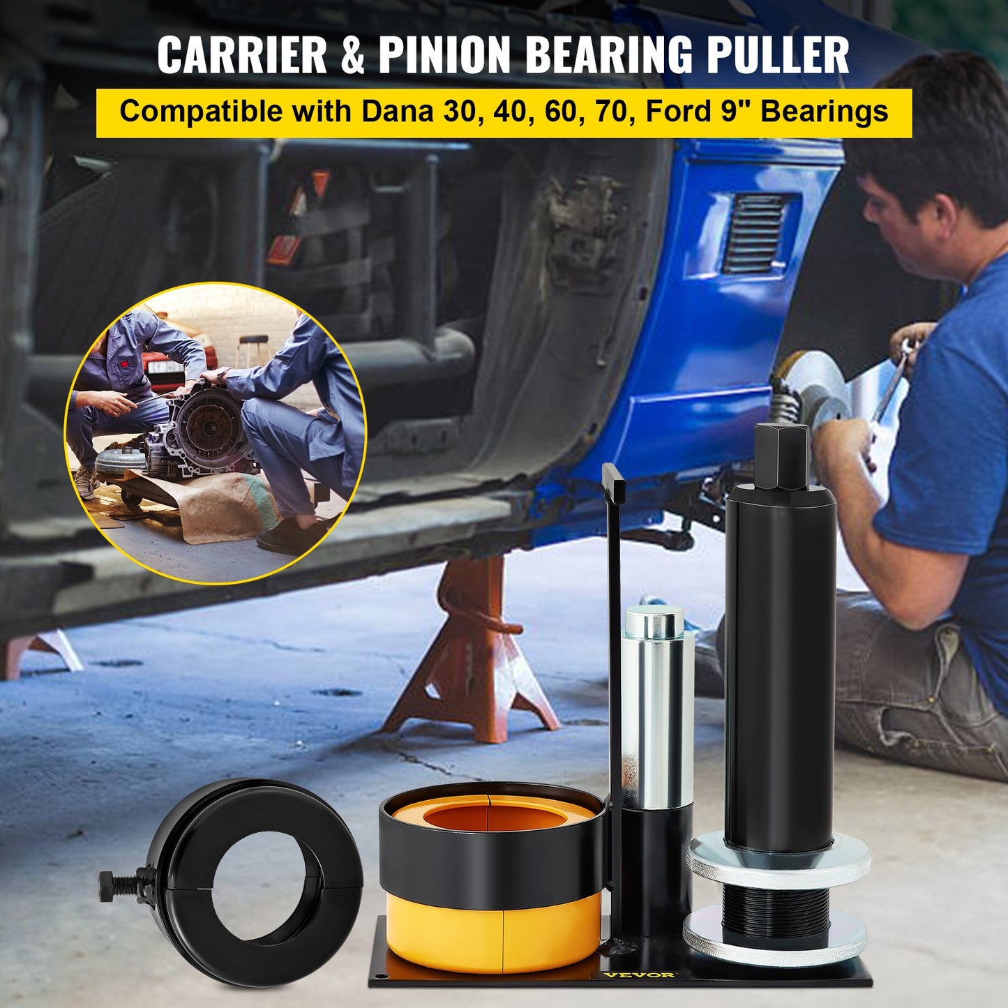 Carrier & Pinion Bearing Puller, Compatible with Dana 30, 40, 60, 70, Ford 9\" Ball Bearing, Pinion Puller Tool with 2 Clamshells, 45# Steel Clamshell Carrier Bearing Puller for Car Repair