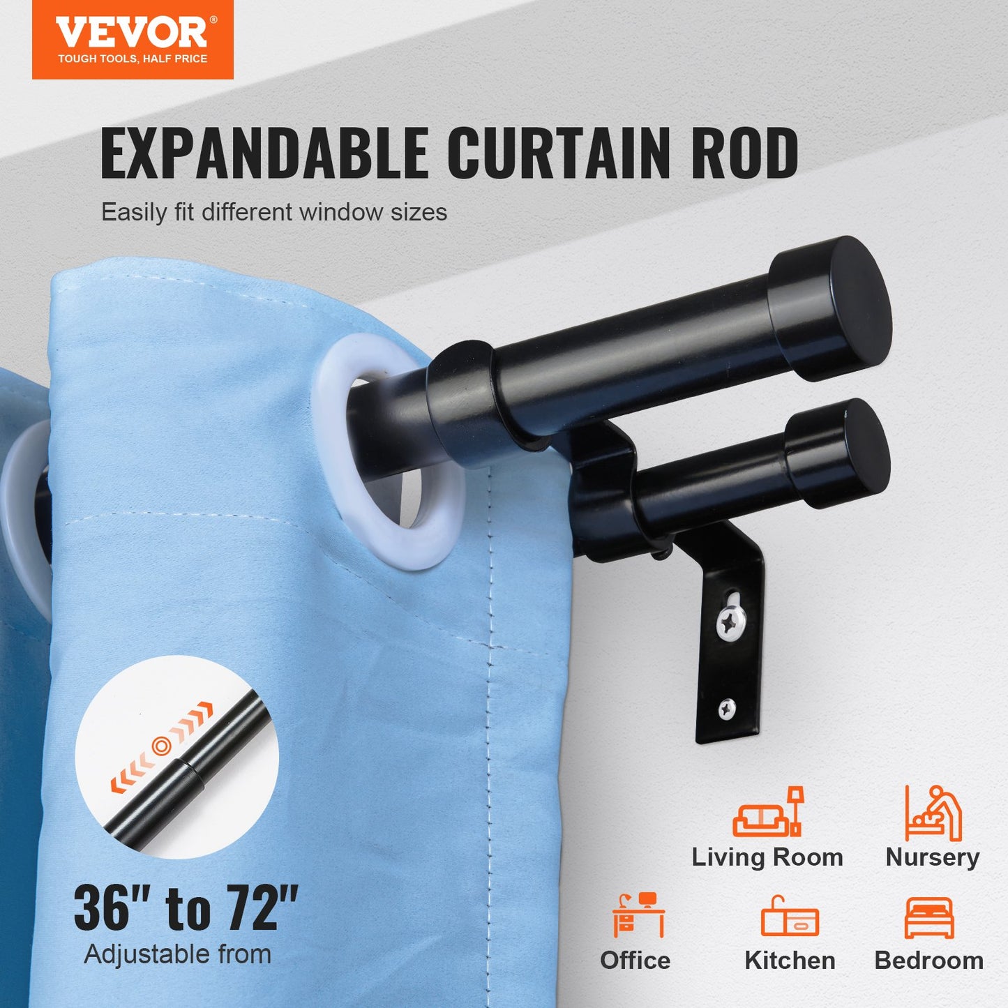 Double Rod Curtain Rods, 36-72 Inch (3-6 Feet) Adjustable Length, Black Double Curtain Rods with Cap Ends, 1" and 3/4" Diameter, Double Window Drape Rod for Sheer and Blackout Curtains