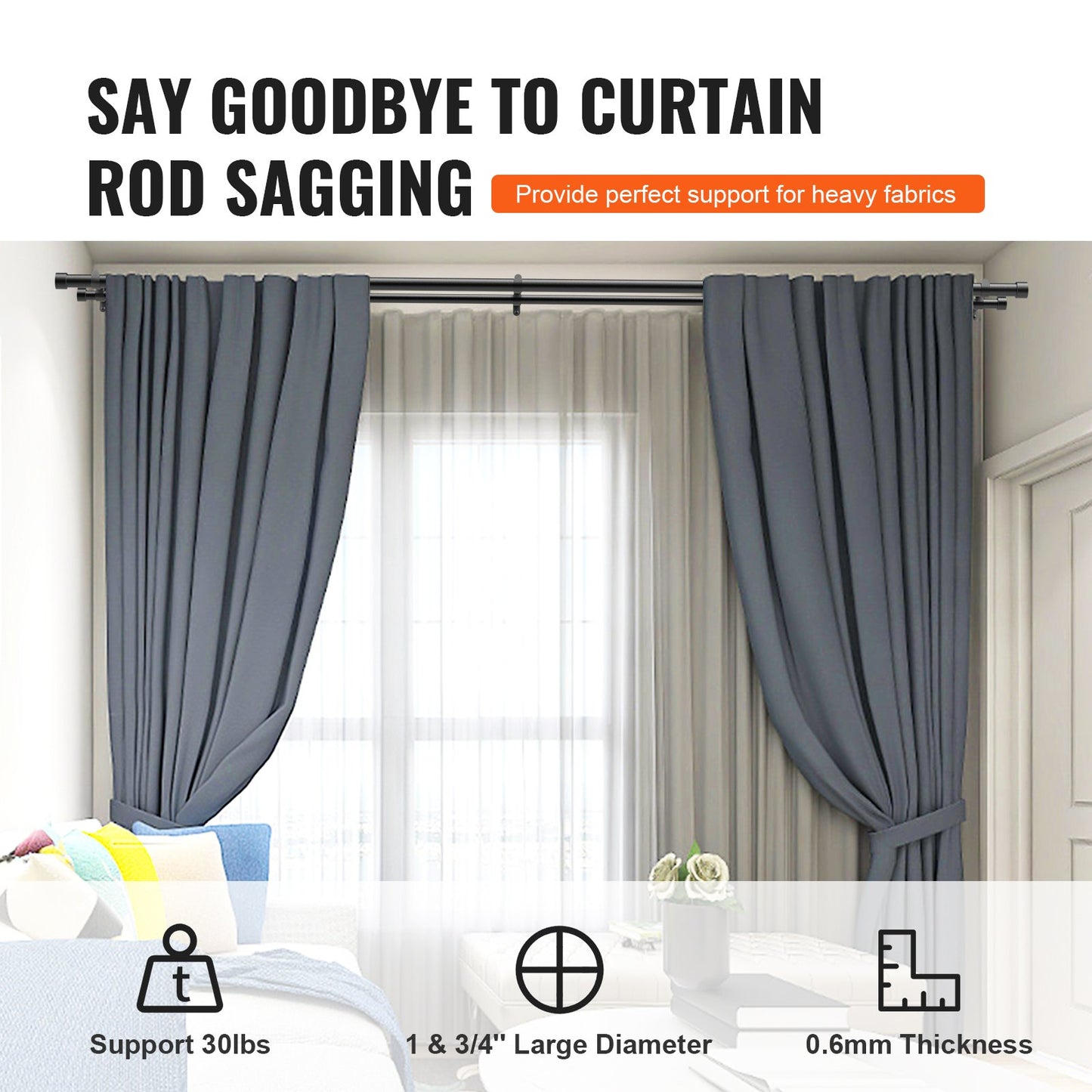 Double Rod Curtain Rods, 36-72 Inch (3-6 Feet) Adjustable Length, Black Double Curtain Rods with Cap Ends, 1" and 3/4" Diameter, Double Window Drape Rod for Sheer and Blackout Curtains