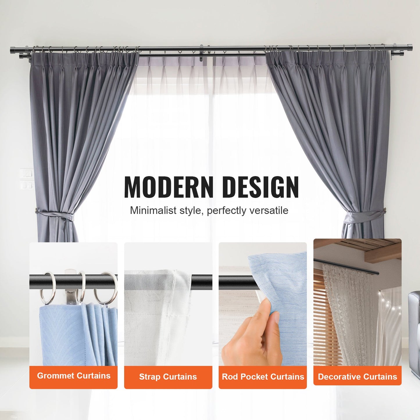 Double Rod Curtain Rods, 36-72 Inch (3-6 Feet) Adjustable Length, Black Double Curtain Rods with Cap Ends, 1" and 3/4" Diameter, Double Window Drape Rod for Sheer and Blackout Curtains