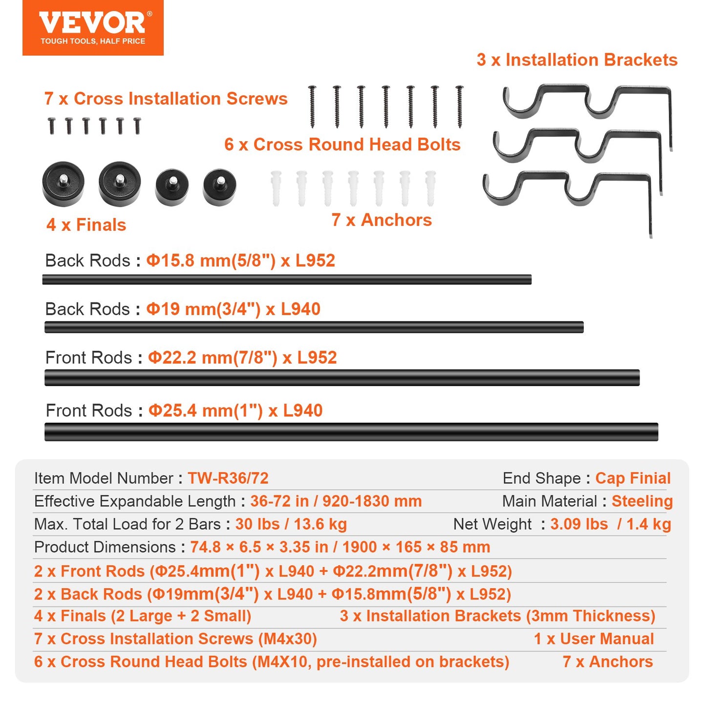 Double Rod Curtain Rods, 36-72 Inch (3-6 Feet) Adjustable Length, Black Double Curtain Rods with Cap Ends, 1" and 3/4" Diameter, Double Window Drape Rod for Sheer and Blackout Curtains