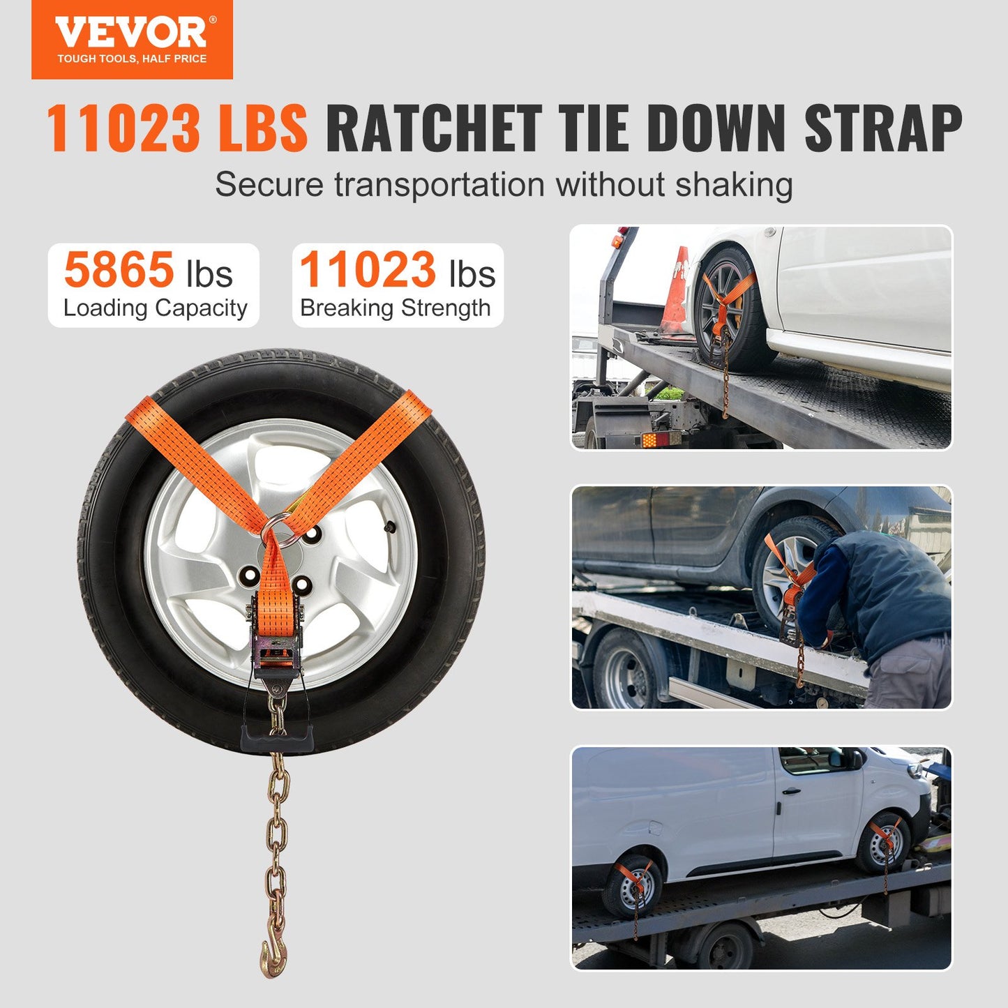 Auto-Spanngurt mit Kettenankern, Lasso-Stil, 2 x 120 Zoll Reifengurt, 5865 Pfund Arbeitslast, 11023 Pfund Bruchfestigkeit, mit Hochleistungsverschlüssen für Auto, ATV, SUV, UTV, LKW, 4er-Pack
