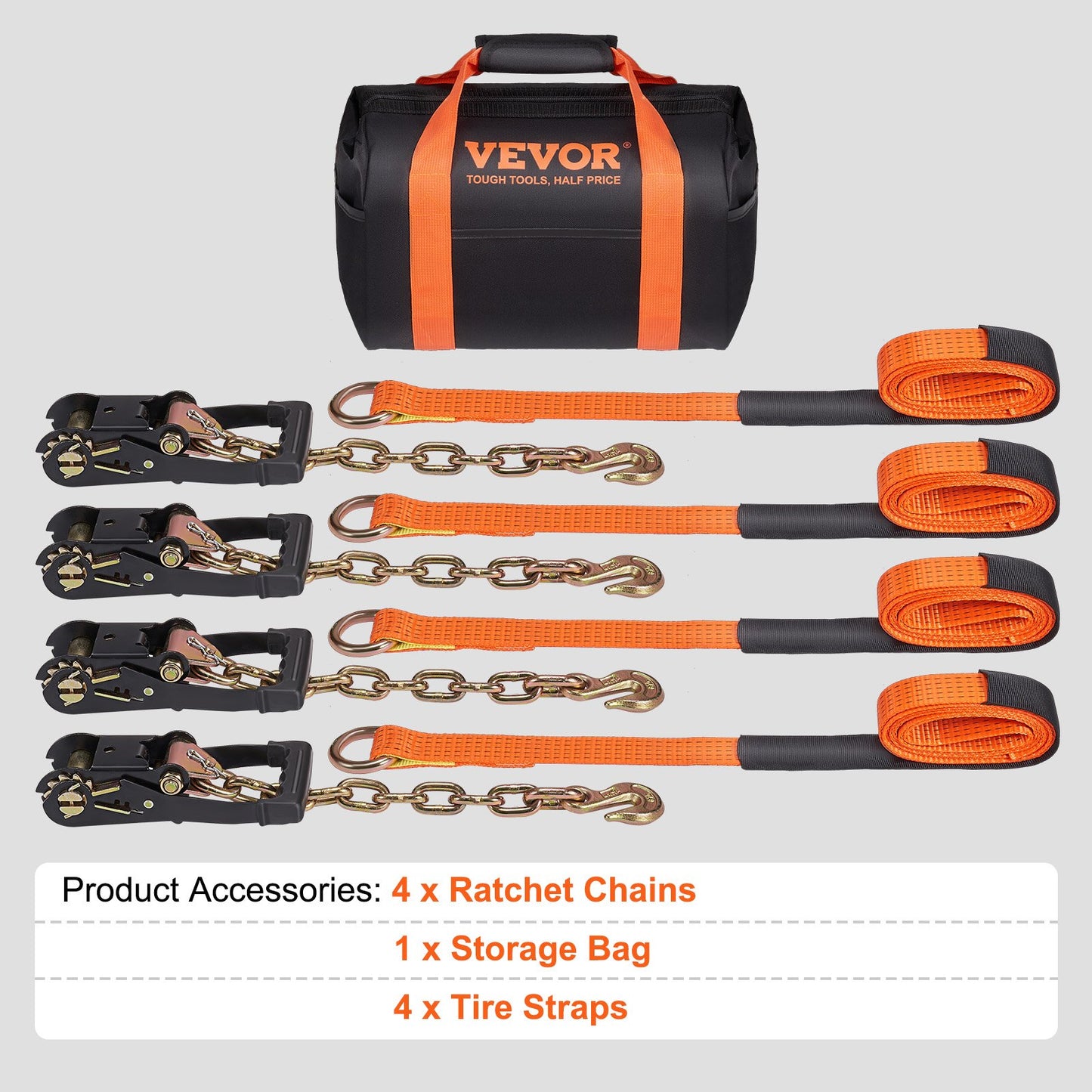 Auto-Spanngurt mit Kettenankern, Lasso-Stil, 2 x 120 Zoll Reifengurt, 5865 Pfund Arbeitslast, 11023 Pfund Bruchfestigkeit, mit Hochleistungsverschlüssen für Auto, ATV, SUV, UTV, LKW, 4er-Pack