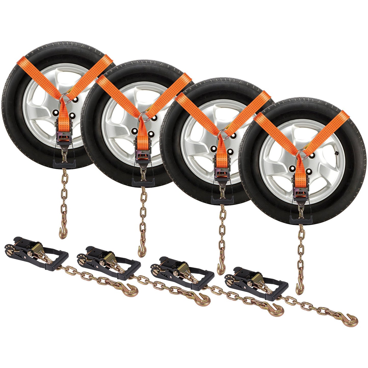 Auto-Spanngurt mit Kettenankern, Lasso-Stil, 2 x 120 Zoll Reifengurt, 5865 Pfund Arbeitslast, 11023 Pfund Bruchfestigkeit, mit Hochleistungsverschlüssen für Auto, ATV, SUV, UTV, LKW, 4er-Pack