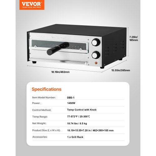 Elektrisk Pizzaugn för Bänkskiva 12-tums 1450W Justerbar Temperatur 77 till 572°F | EU