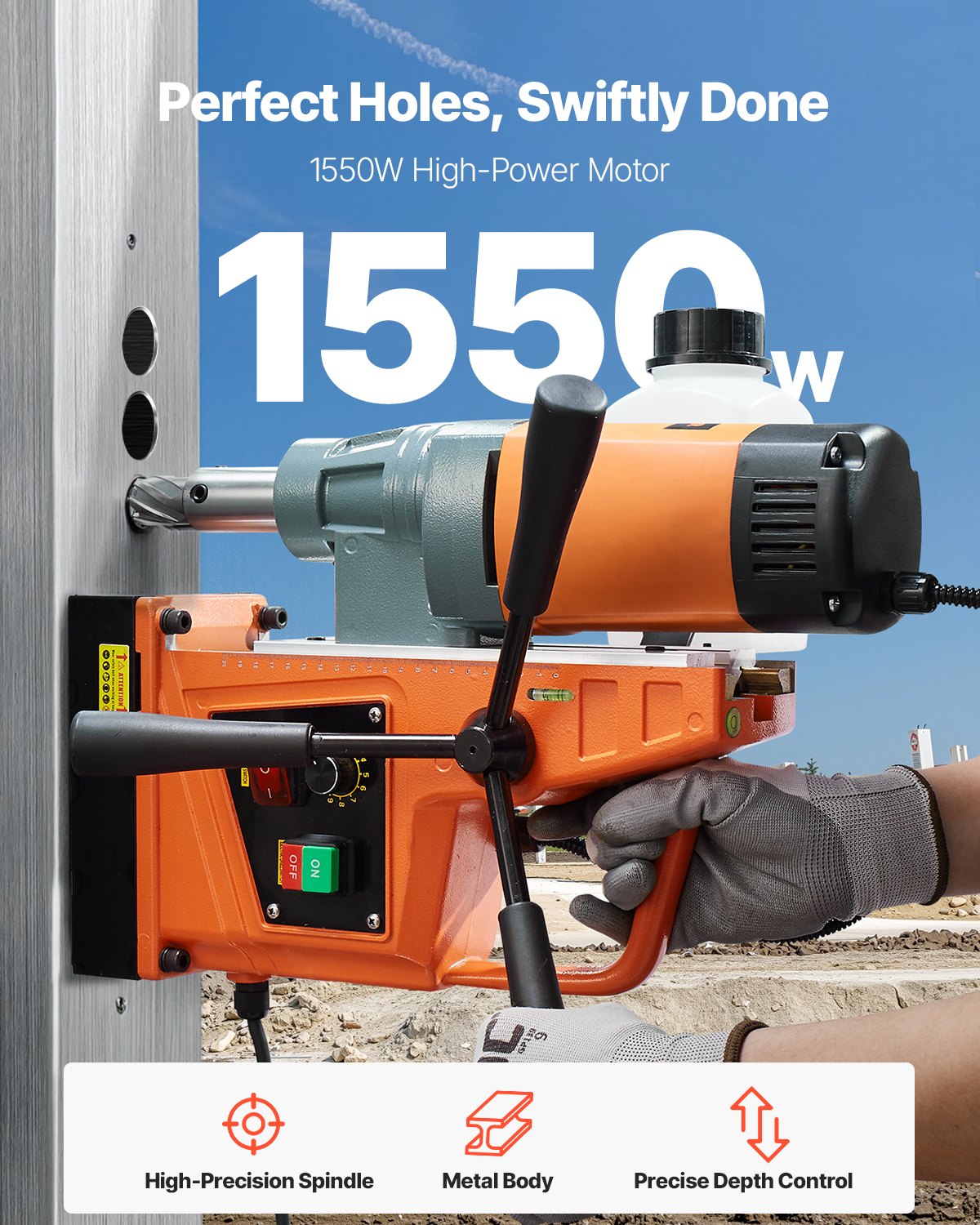 Magnetborrmaskin Magnetisk Borra 1550W 2922lbf/13000N Bärbar Mag Drill Tryck på 500rpm