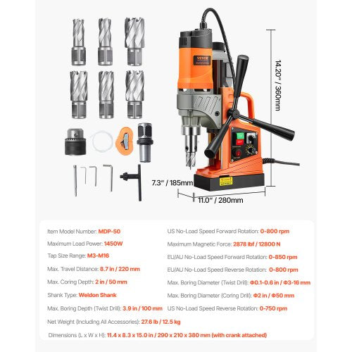 Magnetbohrmaschine 1450 W 2878 lbf Tragbare Magnetbohrmaschine 2 Zoll Bohrdurchmesser | EU