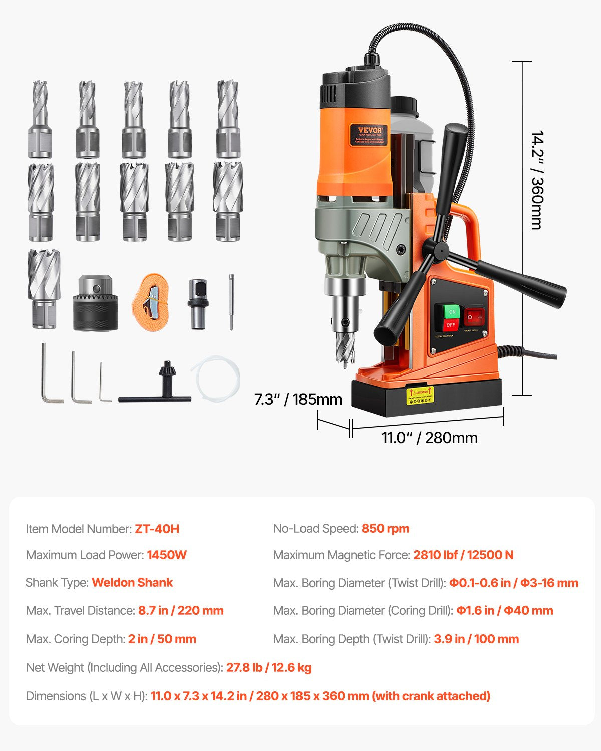 Magnetic Drill 1450W 12500N Portable Mag Drill Press 850RPM