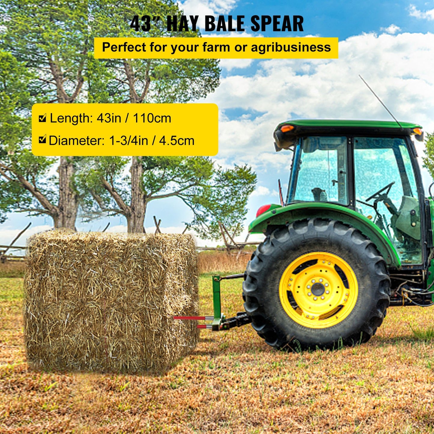 Pair Hay Spear 43" Bale Spear 3000 lbs Capacity, Bale Tip Quick Attach Square Hay Bale Spears 1 3/4", Red Coated Bale Forks, Bale Hay Tip with Hex Nut and Sleeve for Buckets Tractors Loaders