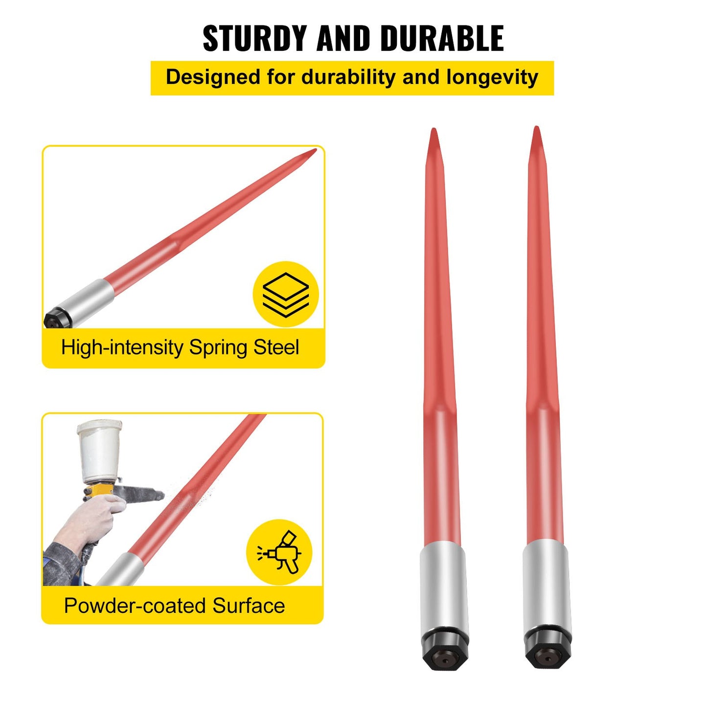 Pair Hay Spear 43" Bale Spear 3000 lbs Capacity, Bale Tip Quick Attach Square Hay Bale Spears 1 3/4", Red Coated Bale Forks, Bale Hay Tip with Hex Nut and Sleeve for Buckets Tractors Loaders