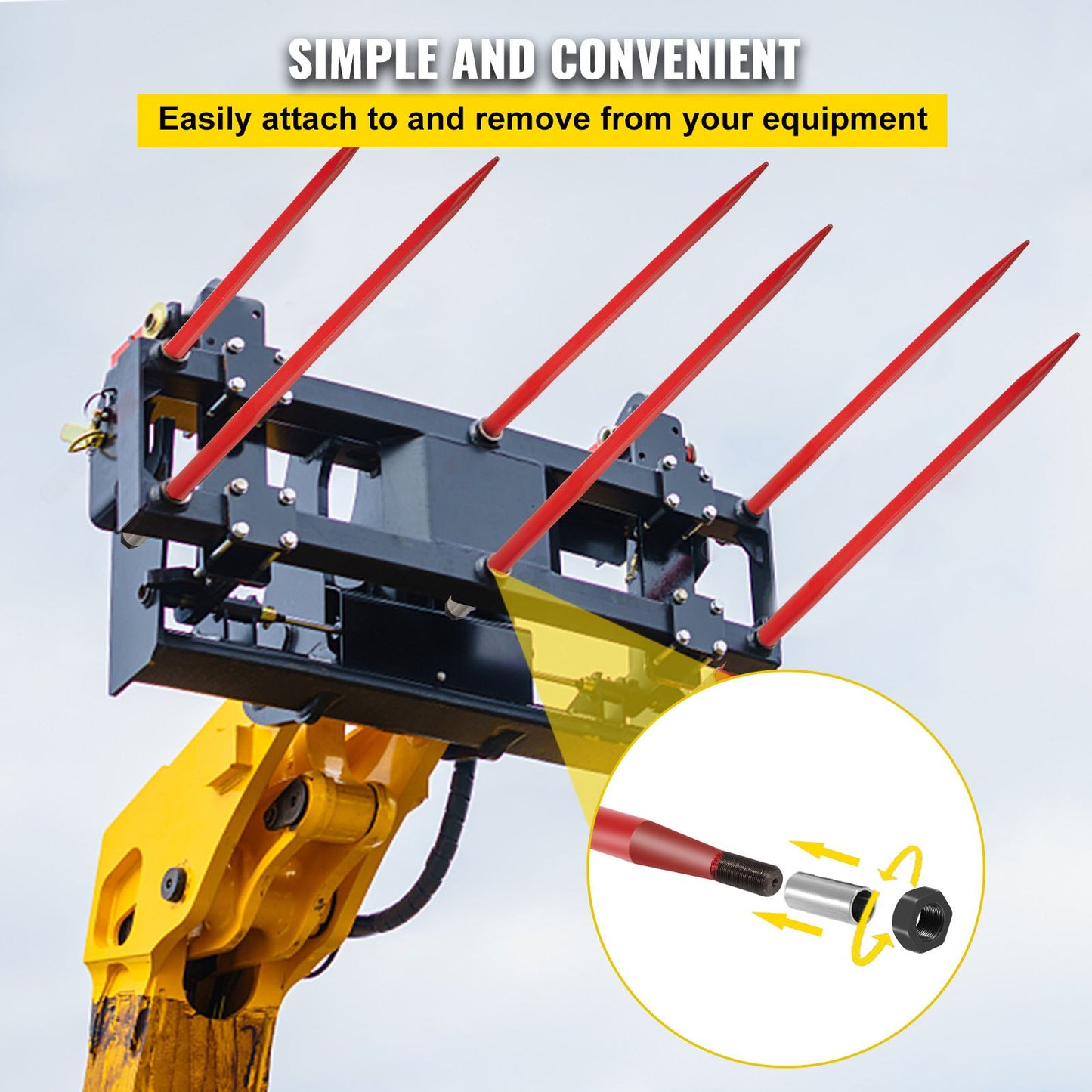 Pair Hay Spear 49" Bale Spear 3000 lbs Capacity, Bale Spear Quick Attach Square Hay Bale Spears 1 3/4", Red Coated Bale Forks, Bale Hay Spike with Hex Nut & Socket for Buckets Tractors Loaders